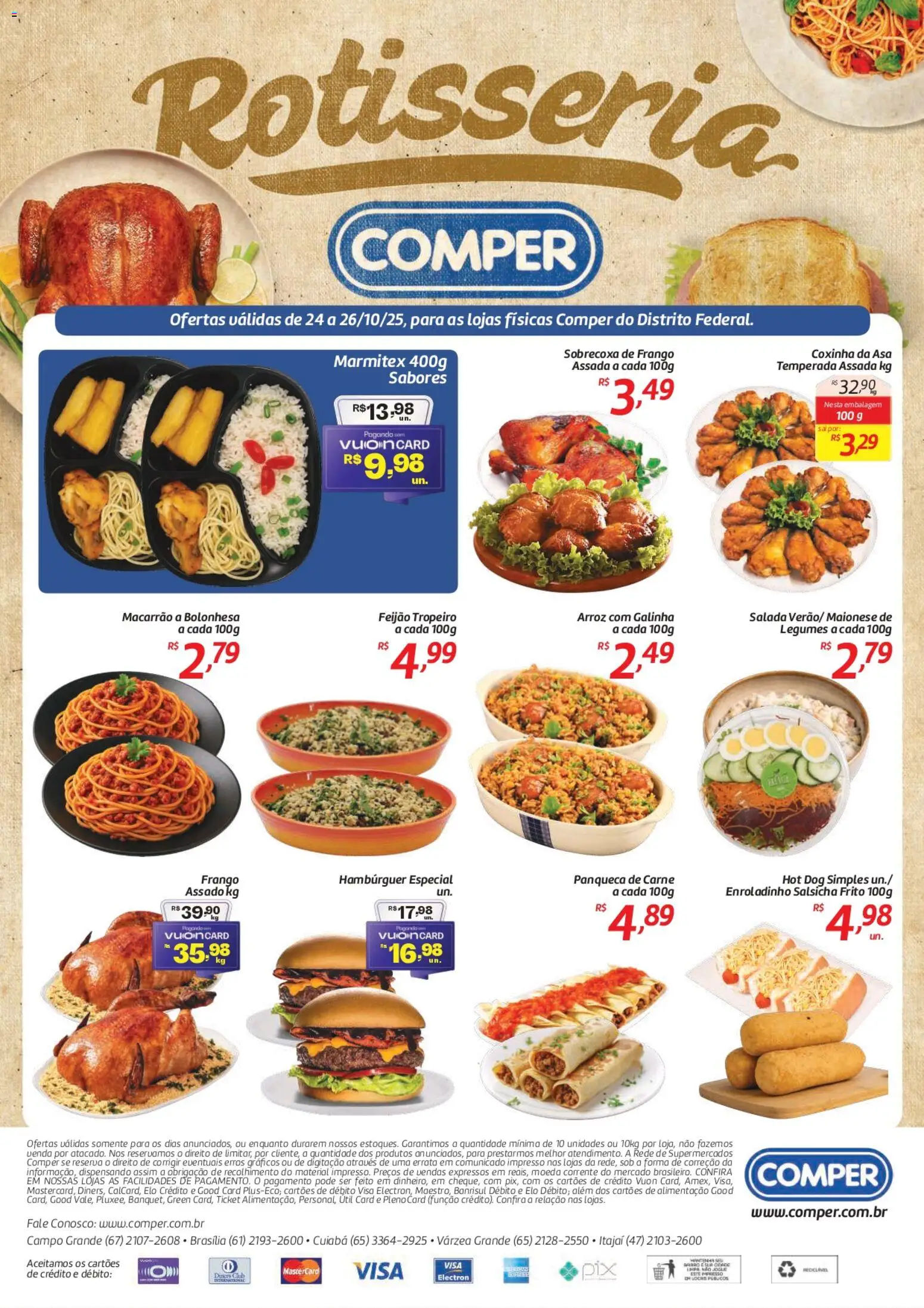 Pré-Visualização do folheto "Ofertas Rotisseria" da loja Comper válido a partir de 24/10/2025 - Hambúrguer, Macarrão, Salsicha, Arroz, Feijão, Frango, Maionese, Sobrecoxa de frango