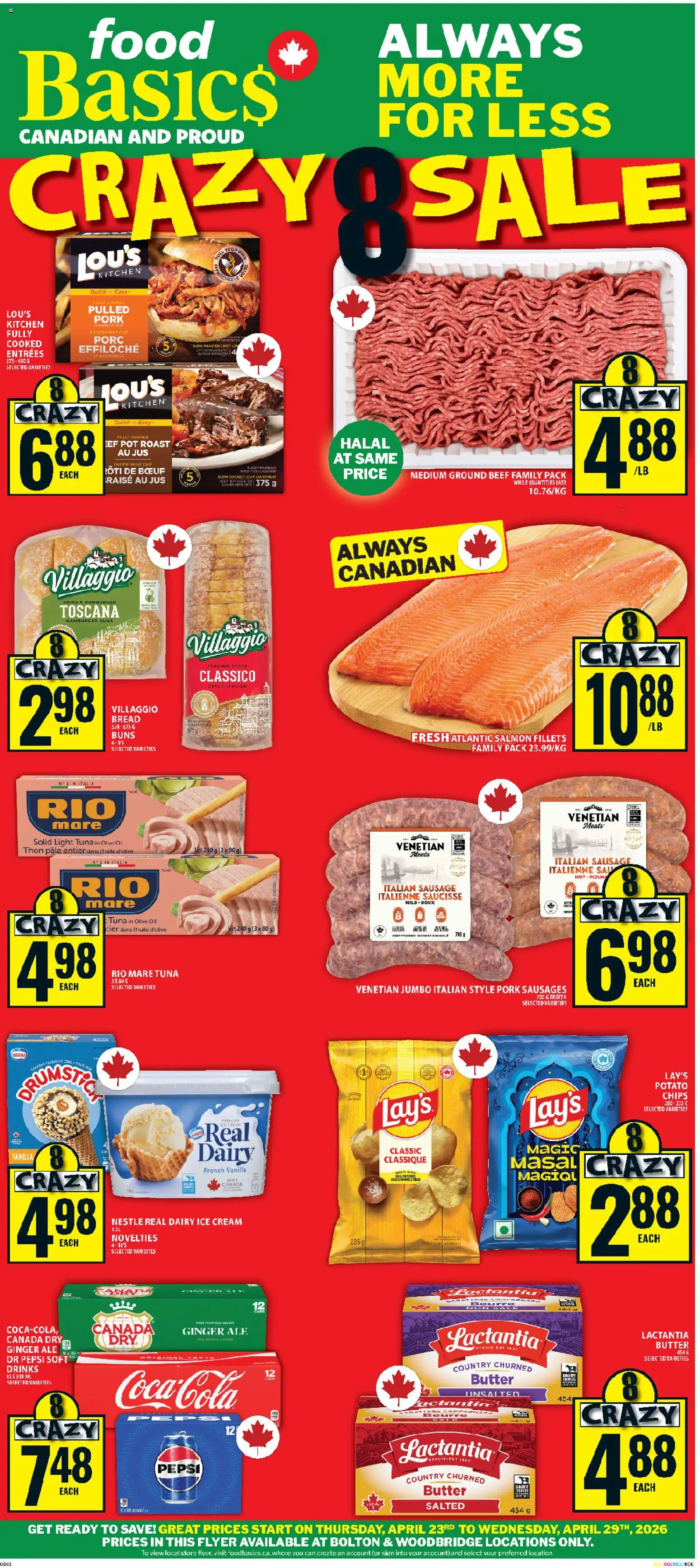 Preview of leaflet Food Basics weekly flyer - Woodbridge from shop Food Basics is valid from Apr 23, 2026 - Food, Chips, Oil, Pepsi, Beef, Ginger, Sausage, Roast