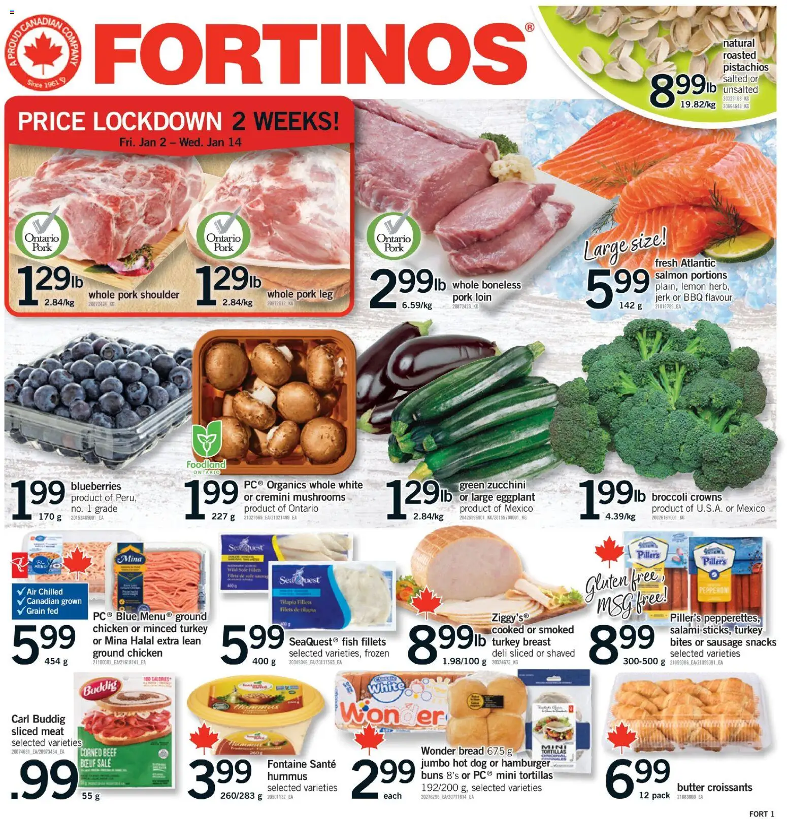 Preview of leaflet Burlington from shop Fortinos is valid from Jan 08, 2026 - Fish, Turkey, Salmon, Meat, Broccoli, Hummus, Eggplant, Turkey breast
