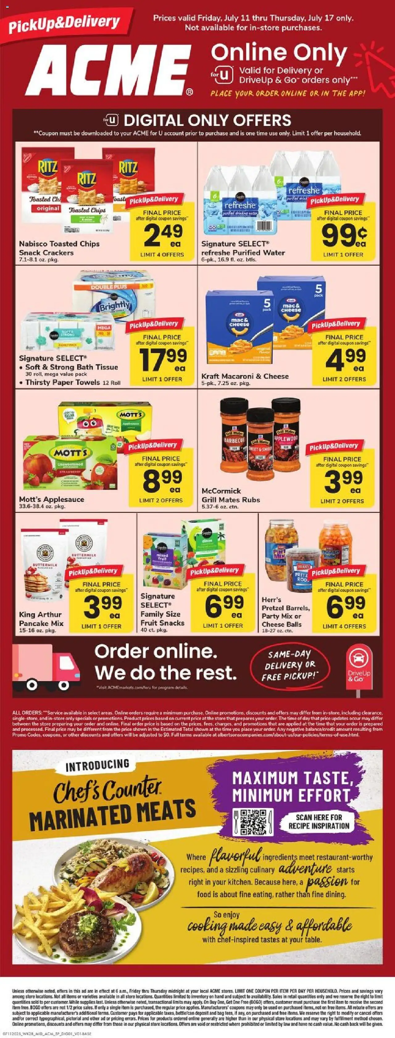 Acme Ad from 07/11/2025 - Circular, Flyer - Page number 1 - Bath, Cheese balls, Cheese, Chips, Fruit, Snacks, Paper towels, Grill