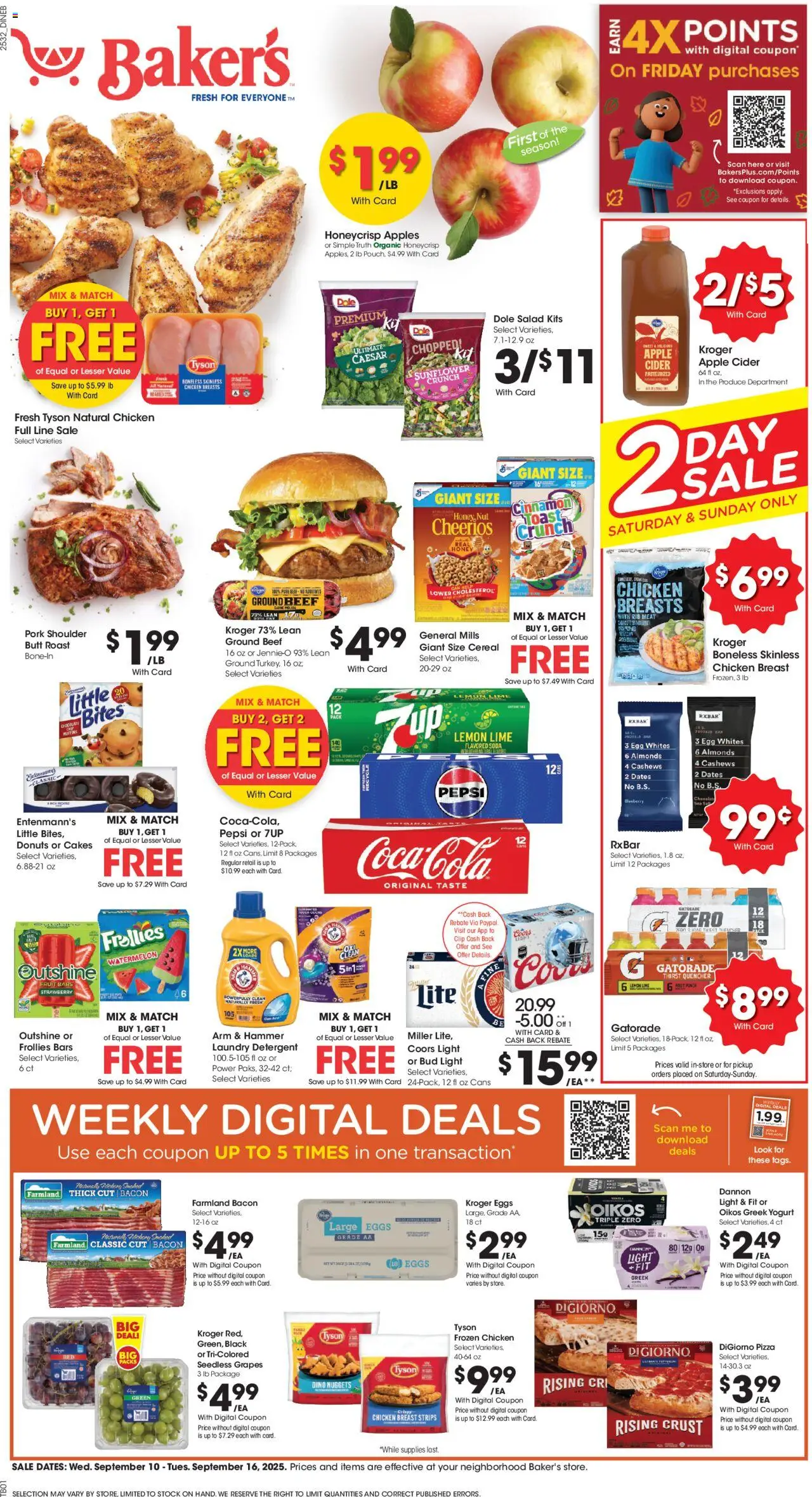Ad Preview of Baker's Weekly Ad from 09/10/2025 - Salad, Cider, Pepsi, Lime, Ground beef, Hammer, Pork shoulder, Detergent