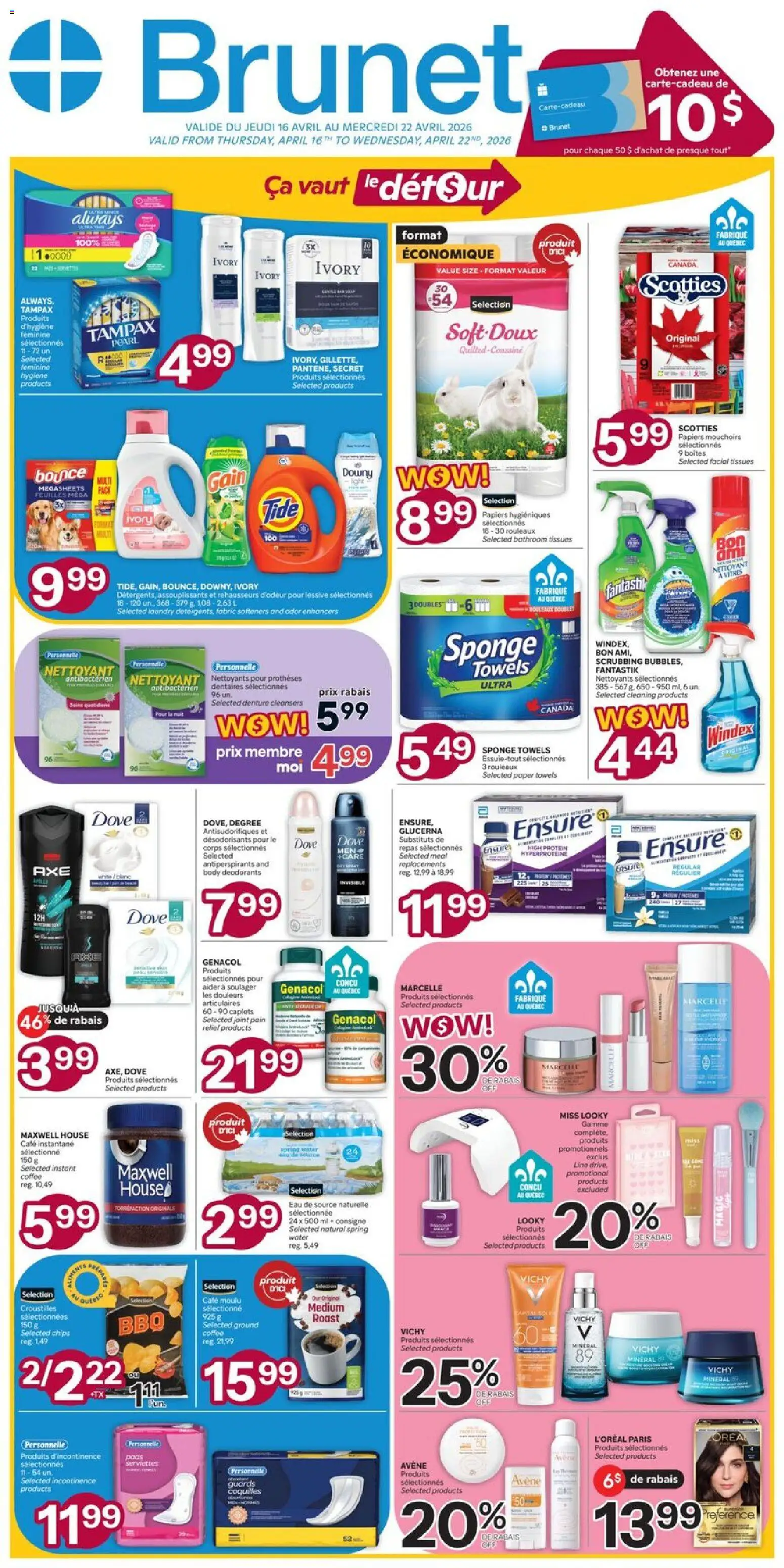 Preview of leaflet Brunet weekly flyer / circulaire from shop Brunet is valid from Apr 16, 2026 - Coffee, Chips, Protein, Roast, Paper towels, Towels, Sponge, Tissues