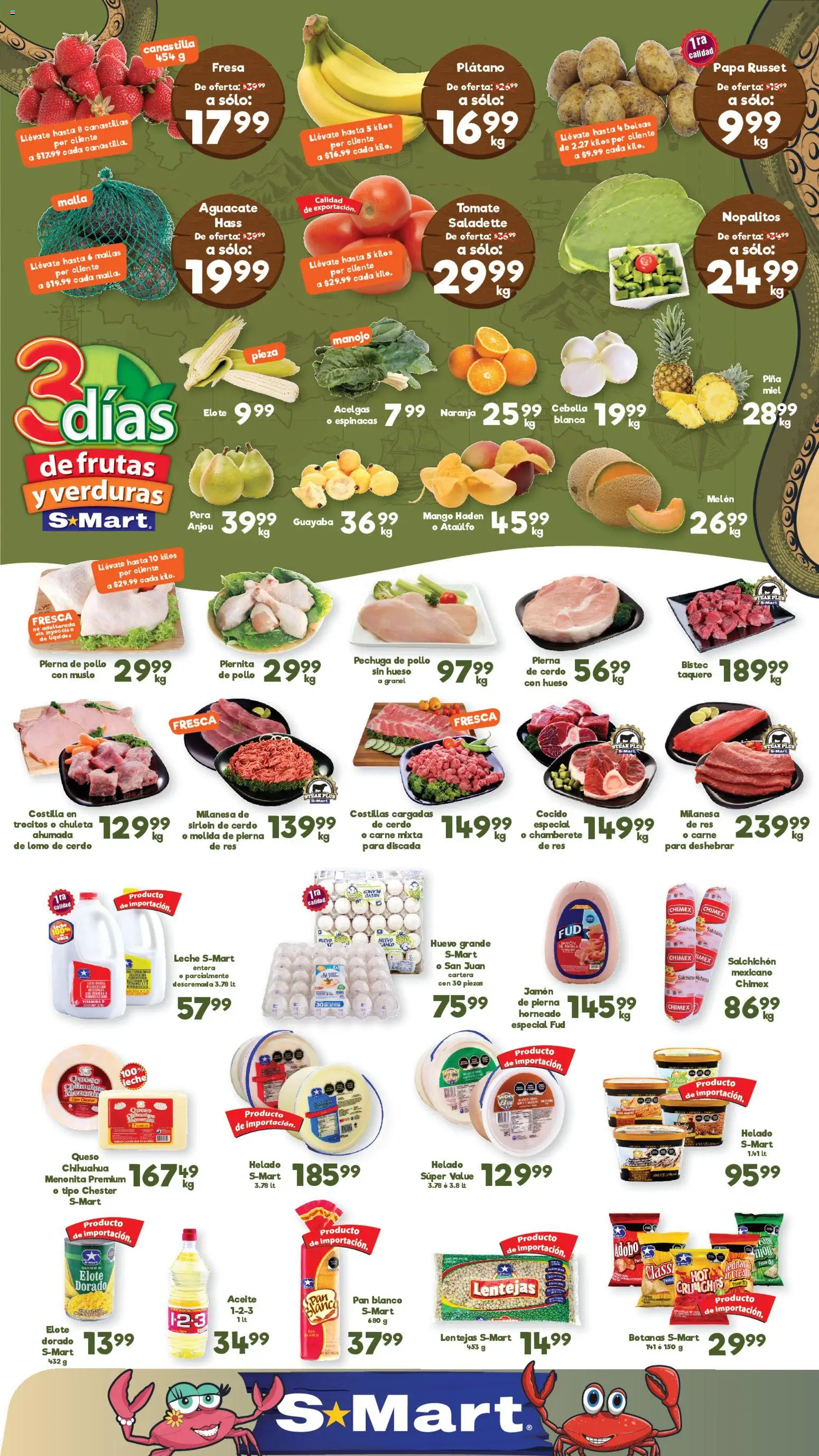Vista previa las ofertas de la tienda S-Mart - S-Mart folleto Chihuahua desde el 24/03/2026 - Plátano, Leche, Queso, Huevo, Pera, Jamón, Pierna de cerdo, Malla
