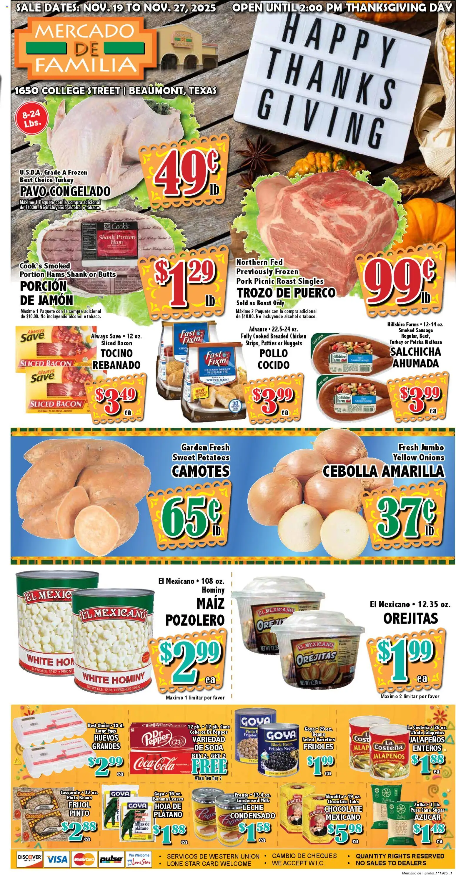 Ad Preview of Market Basket Mercado from 11/19/2025 - Turkey, Chocolate, Bacon, Sugar, Pepper, Sausage, Condensed milk, Chicken