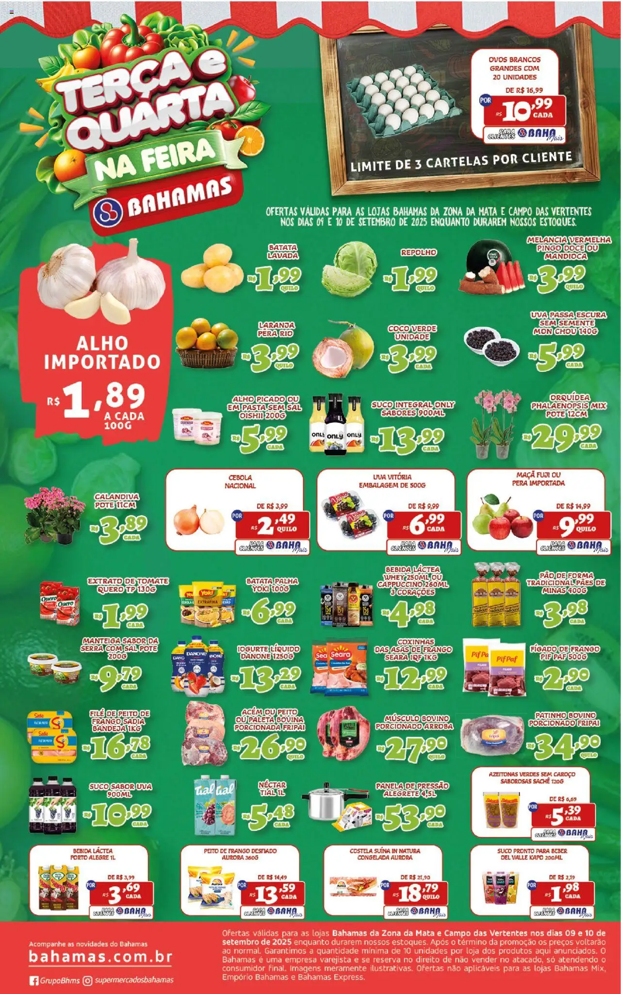 Bahamas Supermercados folheto "Ofertas Terça e Quarta na Feira" válido a partir de 09/09/2025 - número de página 1 - Ovos, Doce, Batata, Manteiga, Fígado, Pasta, Alho, Fígado de frango