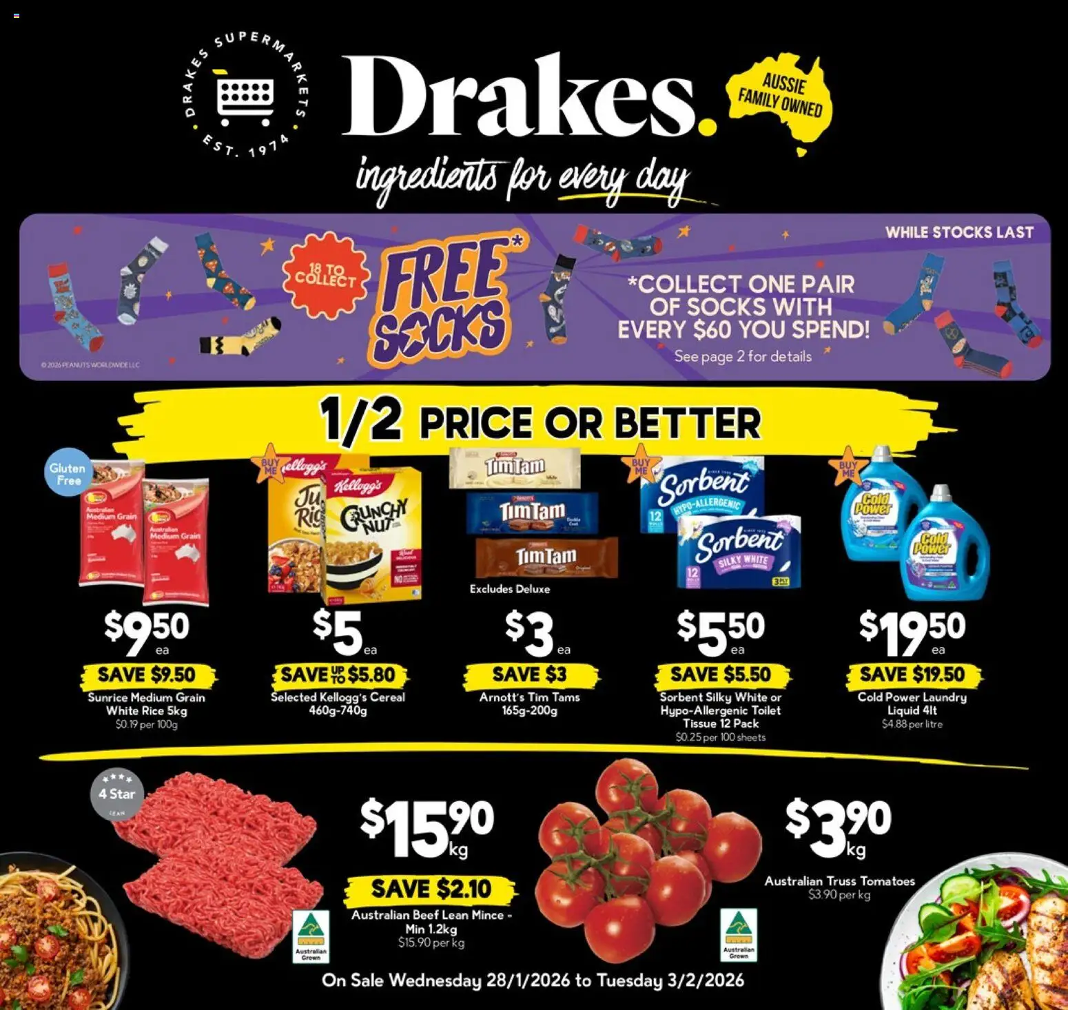 Preview of catalogue Catalogue QLD from shop Drakes valid 28/01/2026 - Toilet, Ingredients, Tomatoes, Rice, Beef, Cereal, Socks, Laundry