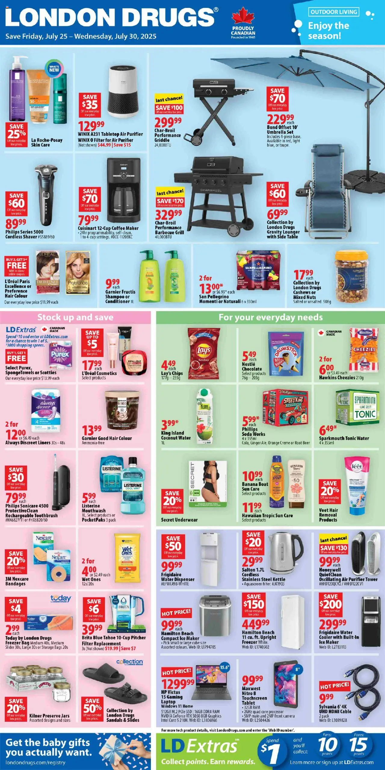 London Drugs flyer valid from Jul 25, 2025 - page number 1 - Sandals, Coconut, Ketchup, Toothbrush, Ginger, Chocolate, Underwear, Beer