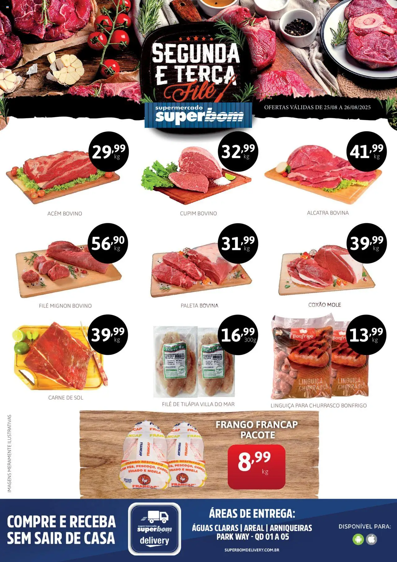 Superbom folheto "Ofertas da semana" válido a partir de 25/08/2025 - número de página 1 - Carne, Frango, Fígado, Linguiça, Alcatra, Filé mignon, Tilápia, Coxão mole