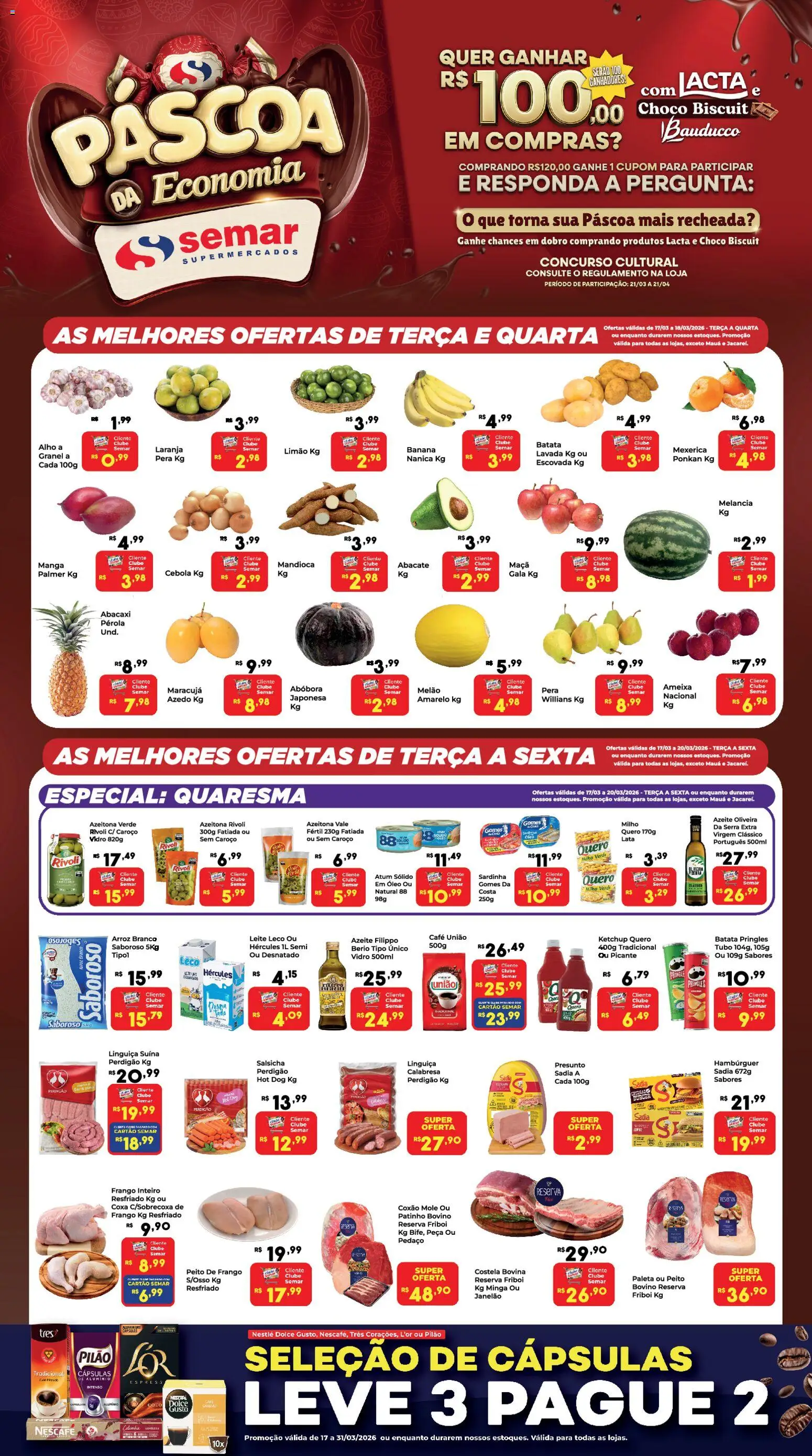 Pré-Visualização do folheto "Semar Supermercado - Ofertas da semana" da loja Semar Supermercado válido a partir de 17/03/2026 - Café, Salsicha, Óleo, Abacate, Atum, Melão, Milho verde, Costela bovina