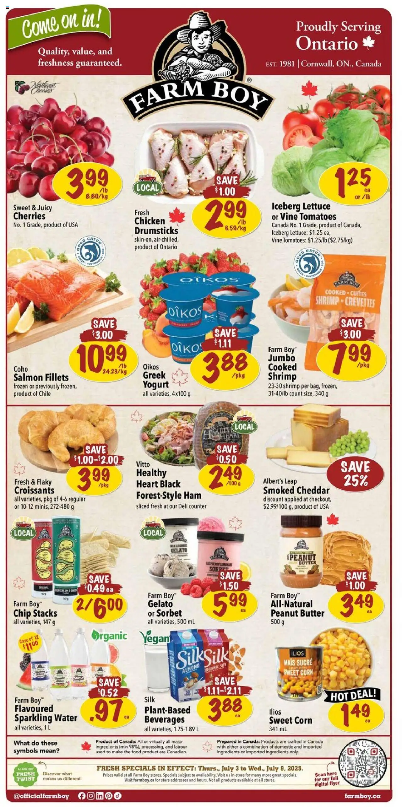 Farm Boy flyer valid from Jul 03, 2025 - page number 1 - Iceberg lettuce, Salmon, Case, Peanut butter, Cheddar, Food, Yogurt, Chicken