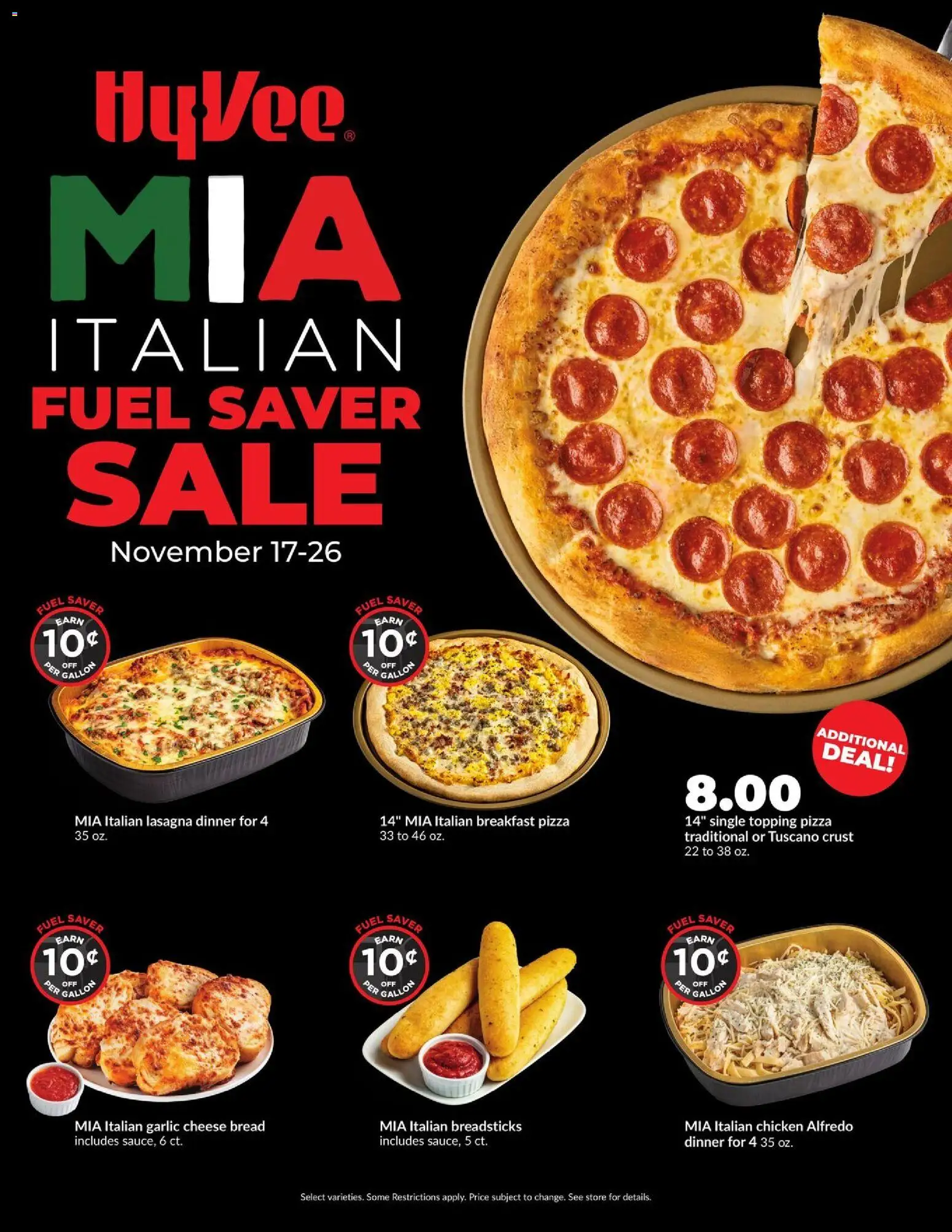Ad Preview of HyVee Mia Italia Fuel Saver Sale from 11/17/2025 - Pizza, Cheese, Bread, Lasagna, Garlic, Chicken