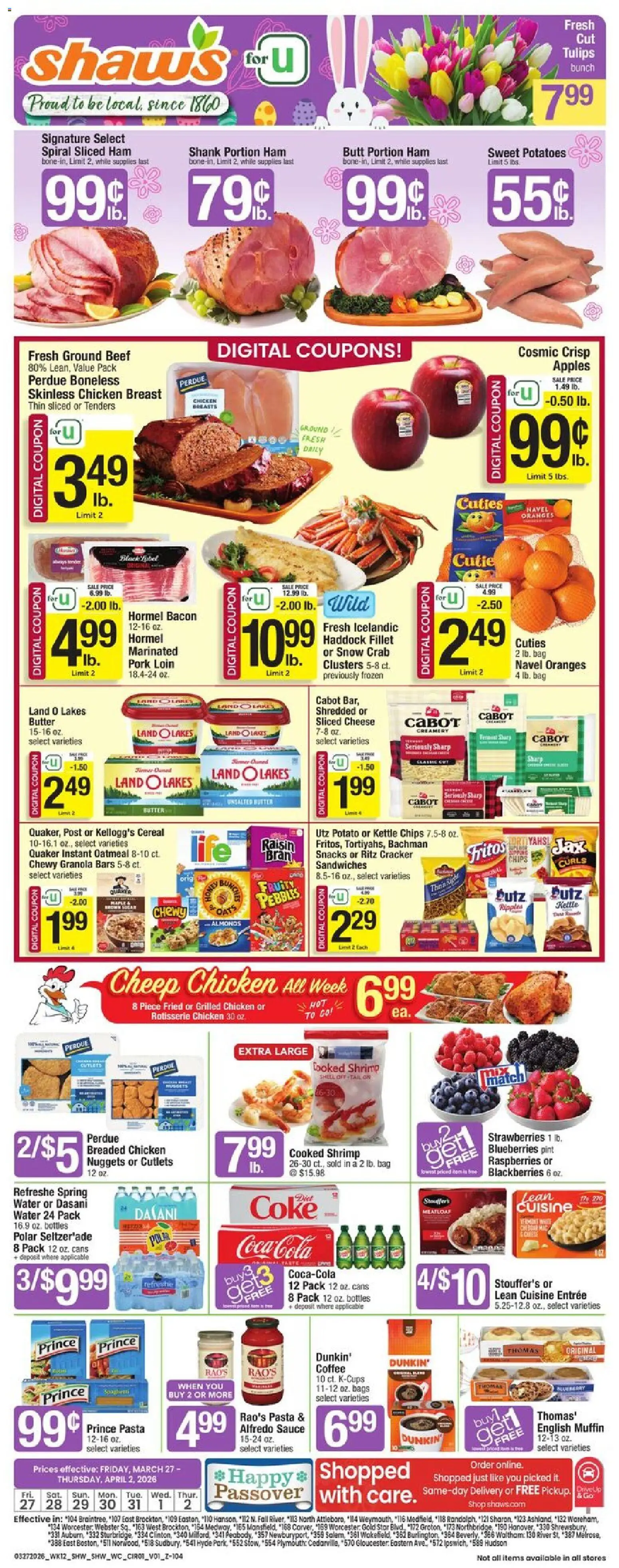 Ad Preview of Shaw's Shaw's Weekly Ad from 03/27/2026 - Coffee, Oranges, Cheese, Potatoes, Ground beef, Bag, Pork loin, Sliced cheese