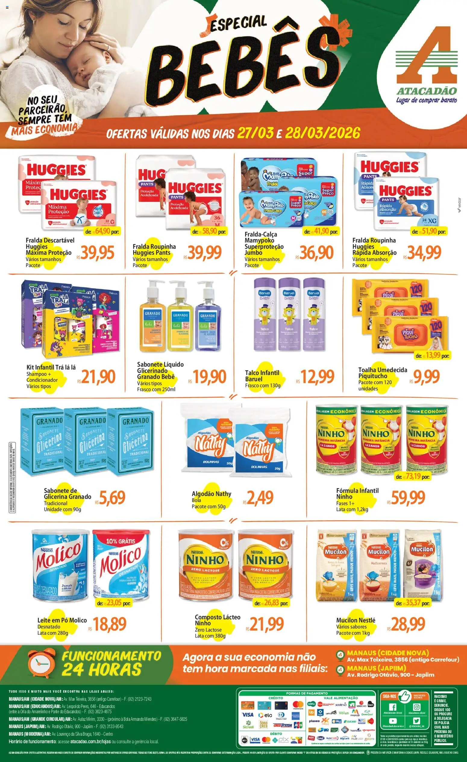 Pré-Visualização do folheto "Atacadão ofertas - AM" da loja Atacadão válido a partir de 27/03/2026 - Leite, Sabonete, Pó, Algodão, Condicionador, Talco, Fórmula infantil, Toalha umedecida