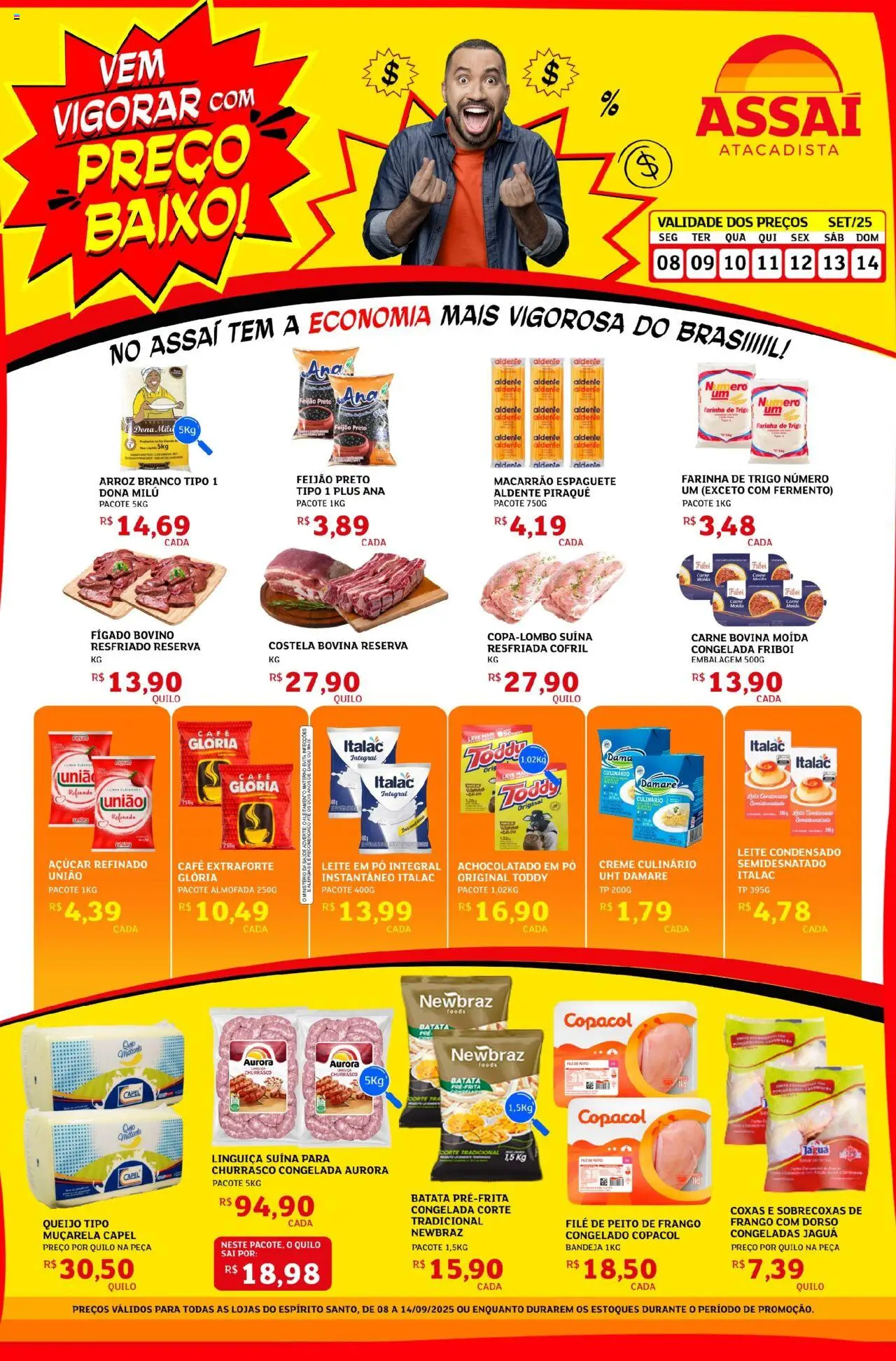 Assaí Atacadista folheto "Encarte - ES" válido a partir de 08/09/2025 - número de página 1 - Café, Feijão, Creme, Leite em pó, Peito de frango, Pó, Espaguete, Cálcio