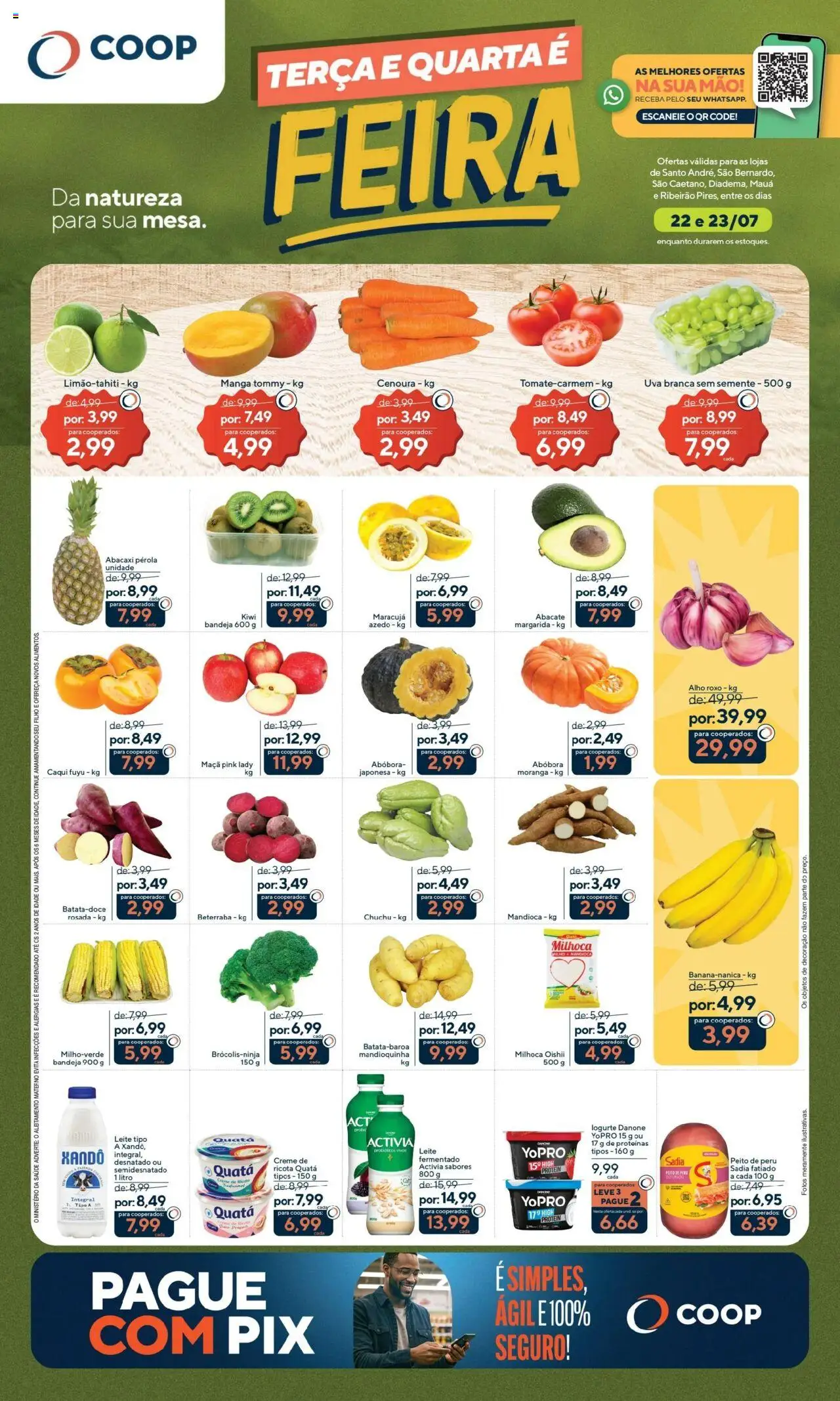 Coop folheto "Ofertas Terça e Quarta " válido a partir de 22/07/2025 - número de página 1 - Manga, Peru, Abóbora, Mandioca, Creme, Bandeja, Alho, Mandioquinha