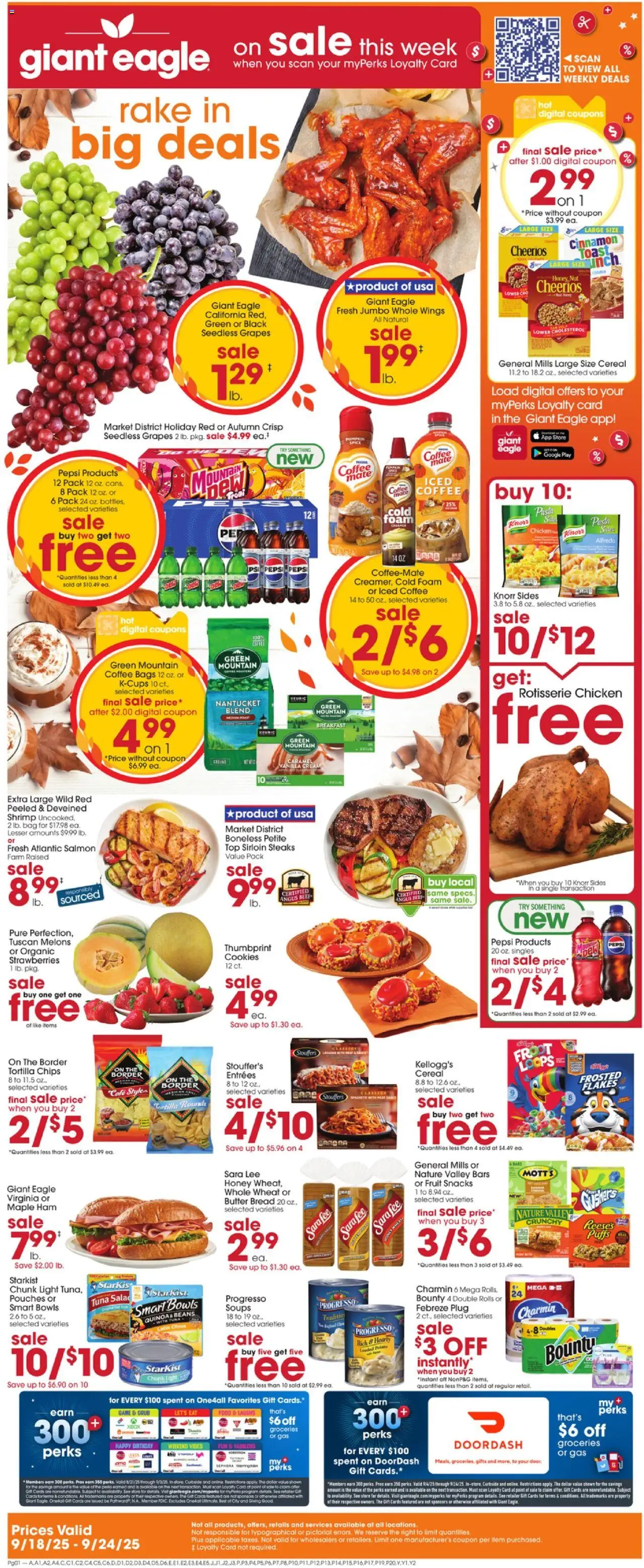 Ad Preview of Giant Eagle Weekly Ad from 09/18/2025 - Pasta, Snacks, Chips, Rice, Pepsi, Gin, Flakes, Chicken