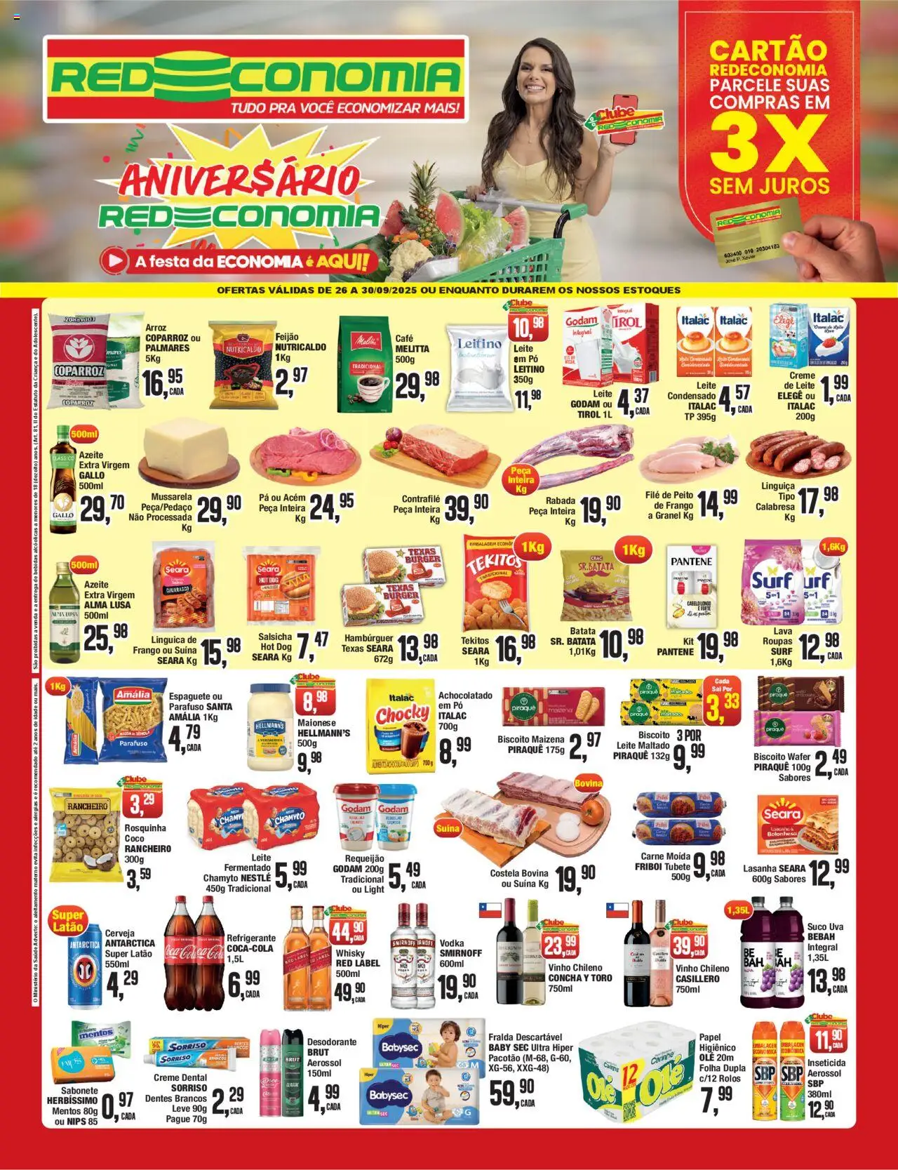RedEconomia folheto "Encarte" válido a partir de 26/09/2025 - número de página 1 - Hambúrguer, Roupas, Salsicha, Leite, Maionese, Carne moída, Costela bovina, Acém