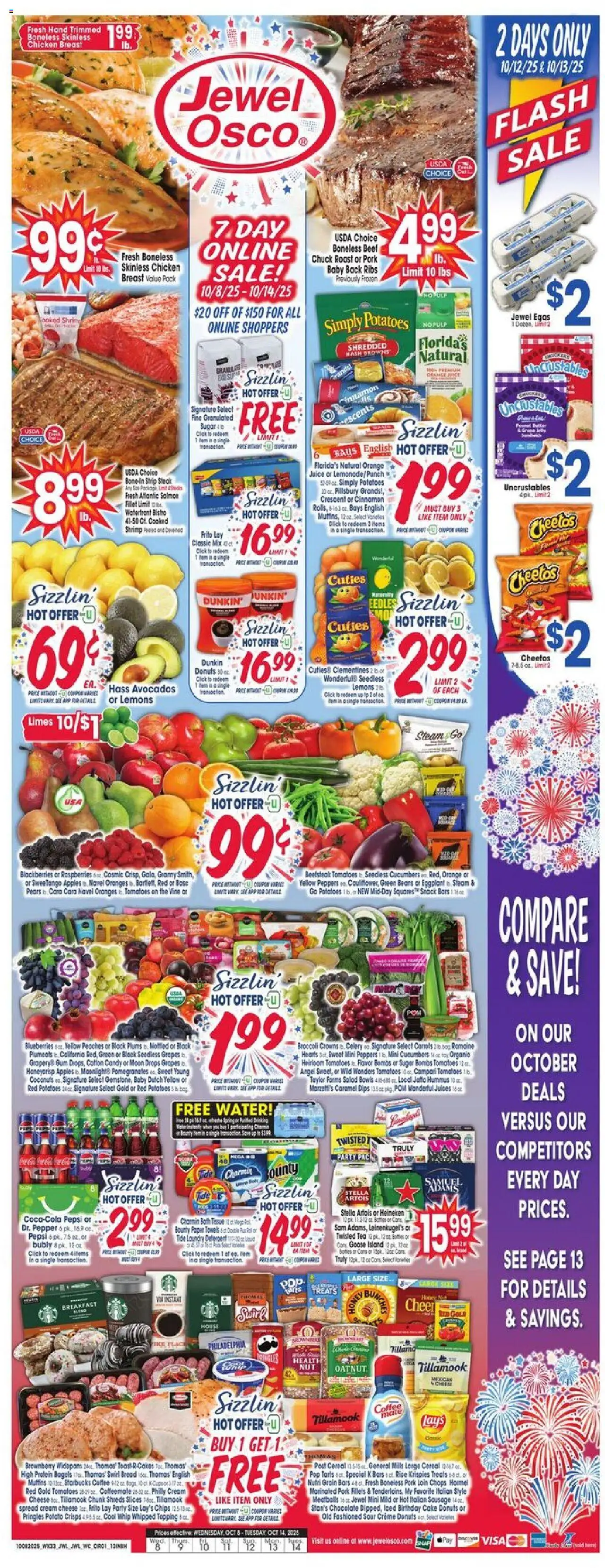 Jewel Osco Weekly Ad - IN from 10/08/2025 - Flyer - Page number 1 - Tea, Shrimp, Lemons, Goose, Cream cheese, Pork, Cream, Pears