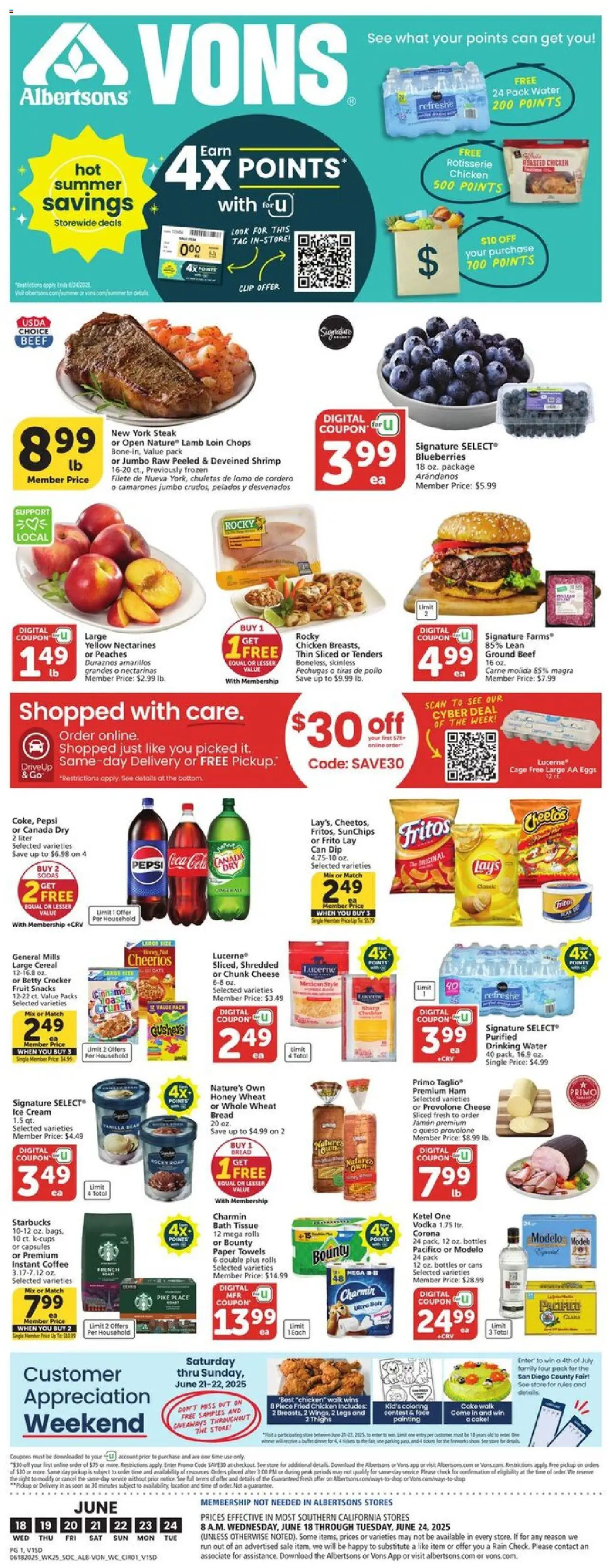 Vons Weekly Ad from 06/18/2025 - Flyer - Page number 1 - Coffee, Steak, Honey, Shrimp, Ham, Ground beef, Bath, Cream