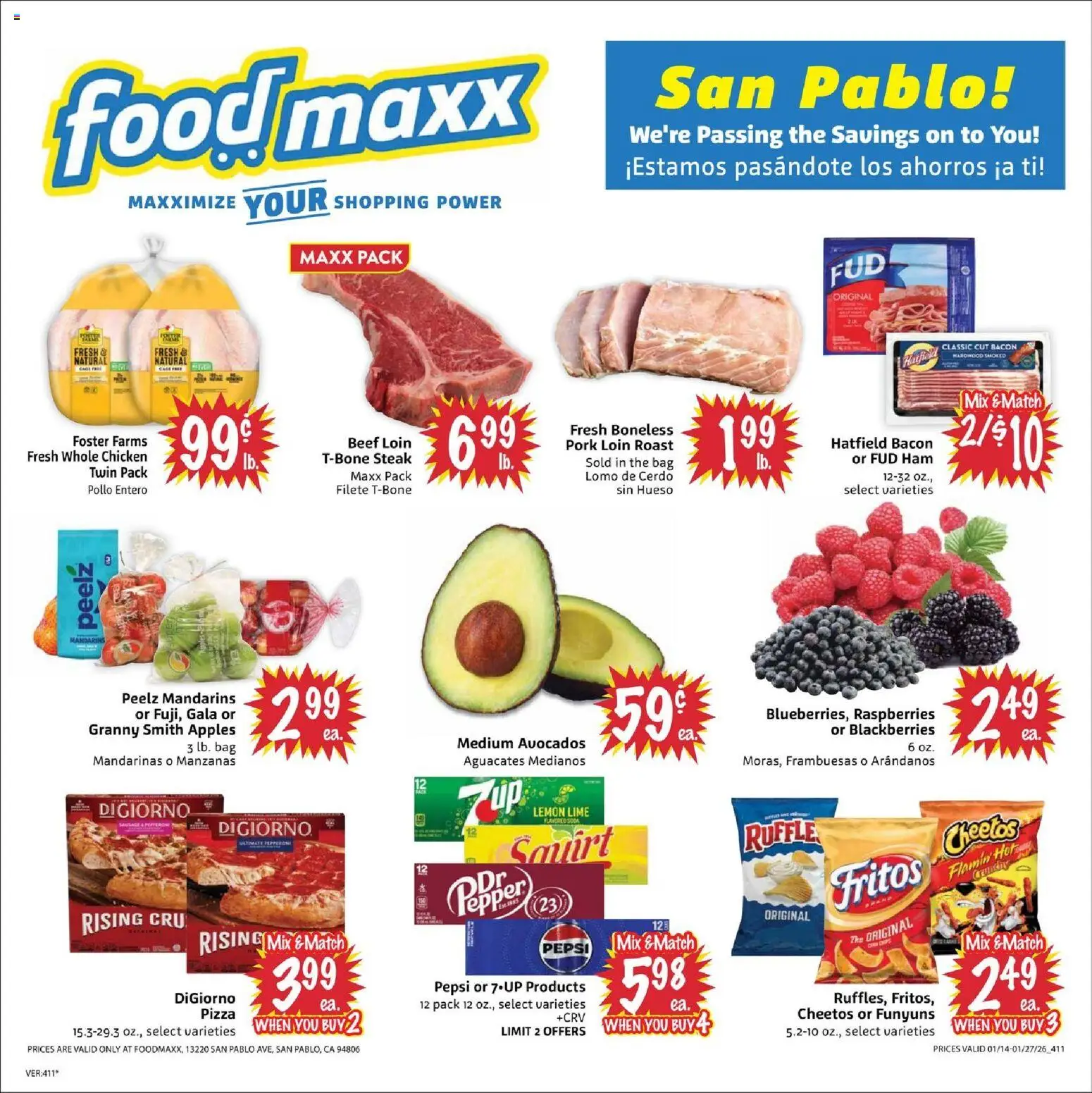 Ad Preview of FoodMaxx Weekly Ad from 01/14/2026 - Pizza, Steak, Pepsi, Ham, Bag, Mandarins, Pork, Whole chicken