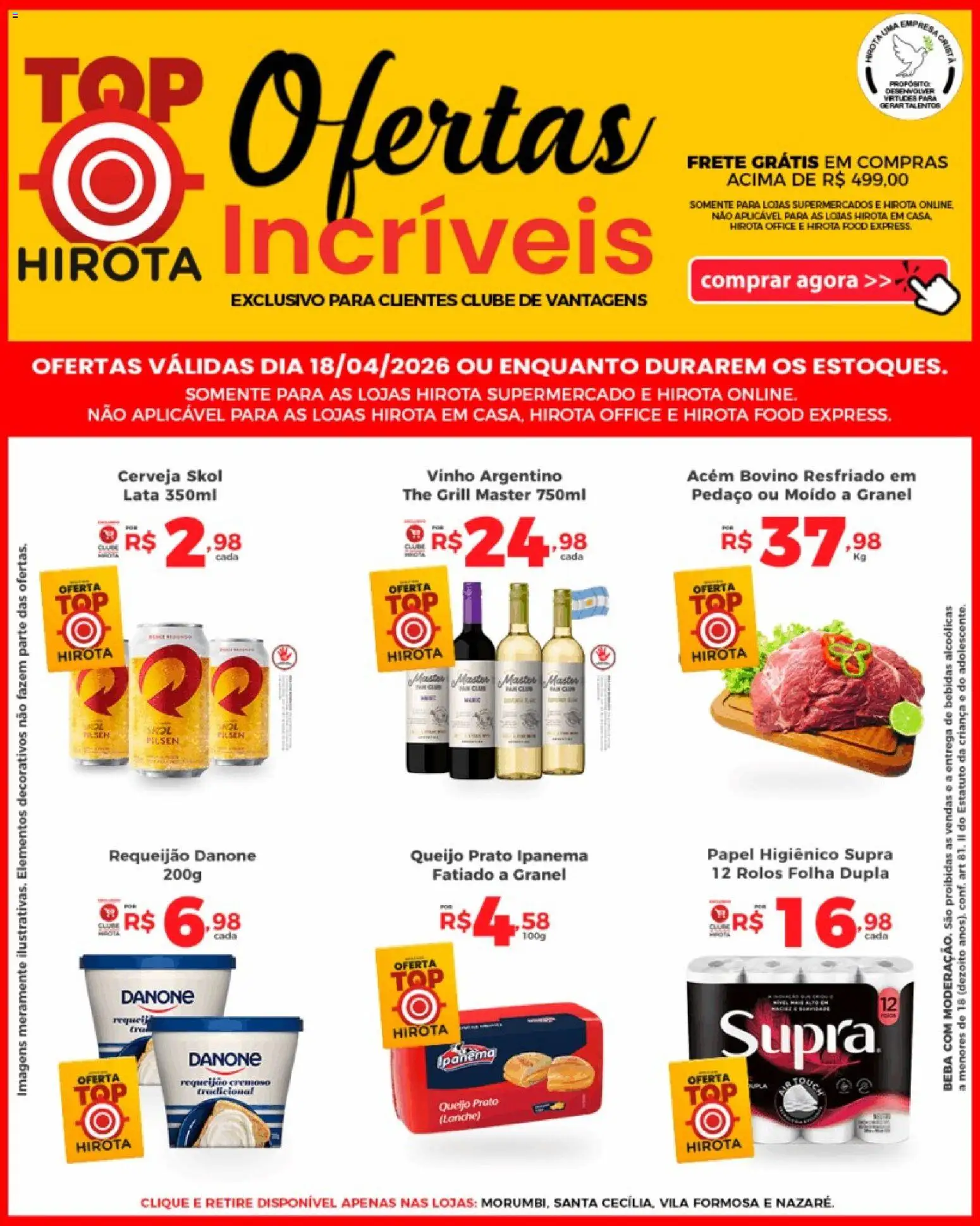 Pré-Visualização do folheto "Hirota Food ofertas Top " da loja Hirota Food válido a partir de 18/04/2026 - Cerveja, Vinho, Bebidas, Queijo, Papel higiênico, Requeijão, Grill, Acém