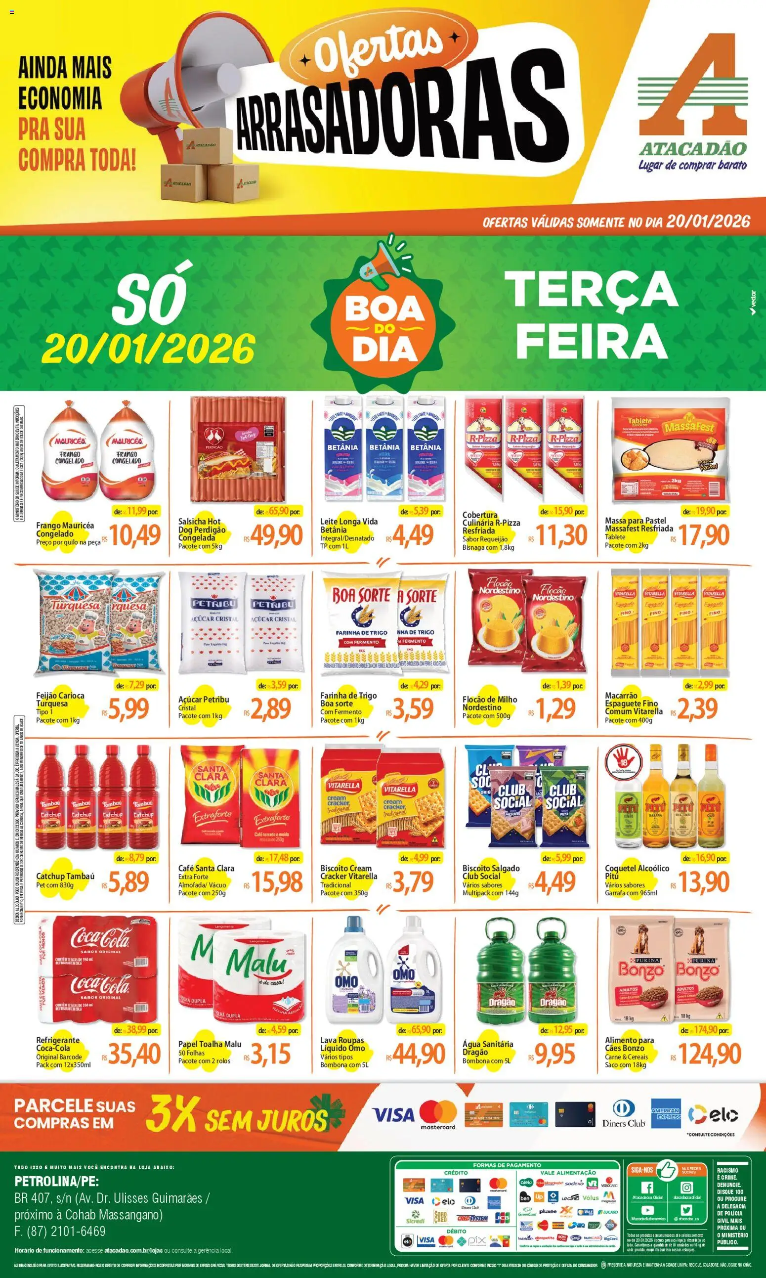 Pré-Visualização do folheto "Ofertas - PE" da loja Atacadão válido a partir de 20/01/2026 - Carne, Massa, Farinha de trigo, Requeijão, Água sanitária, Papel toalha, Farinha, Espaguete