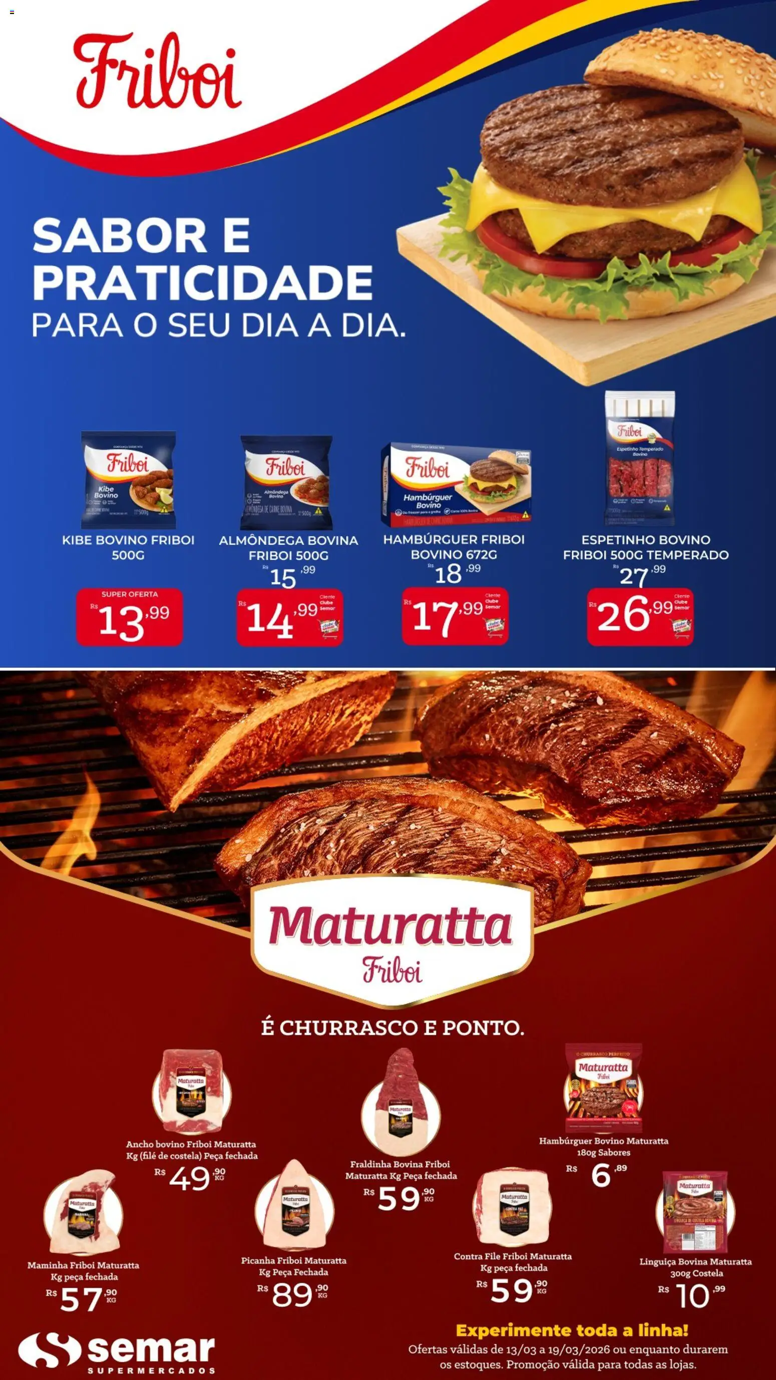 Pré-Visualização do folheto "Semar Supermercado ofertas Friboi" da loja Semar Supermercado válido a partir de 13/03/2026 - Hambúrguer, Picanha, Carne, Fraldinha, Linguiça, Maminha, Contra filé, Filé de costela