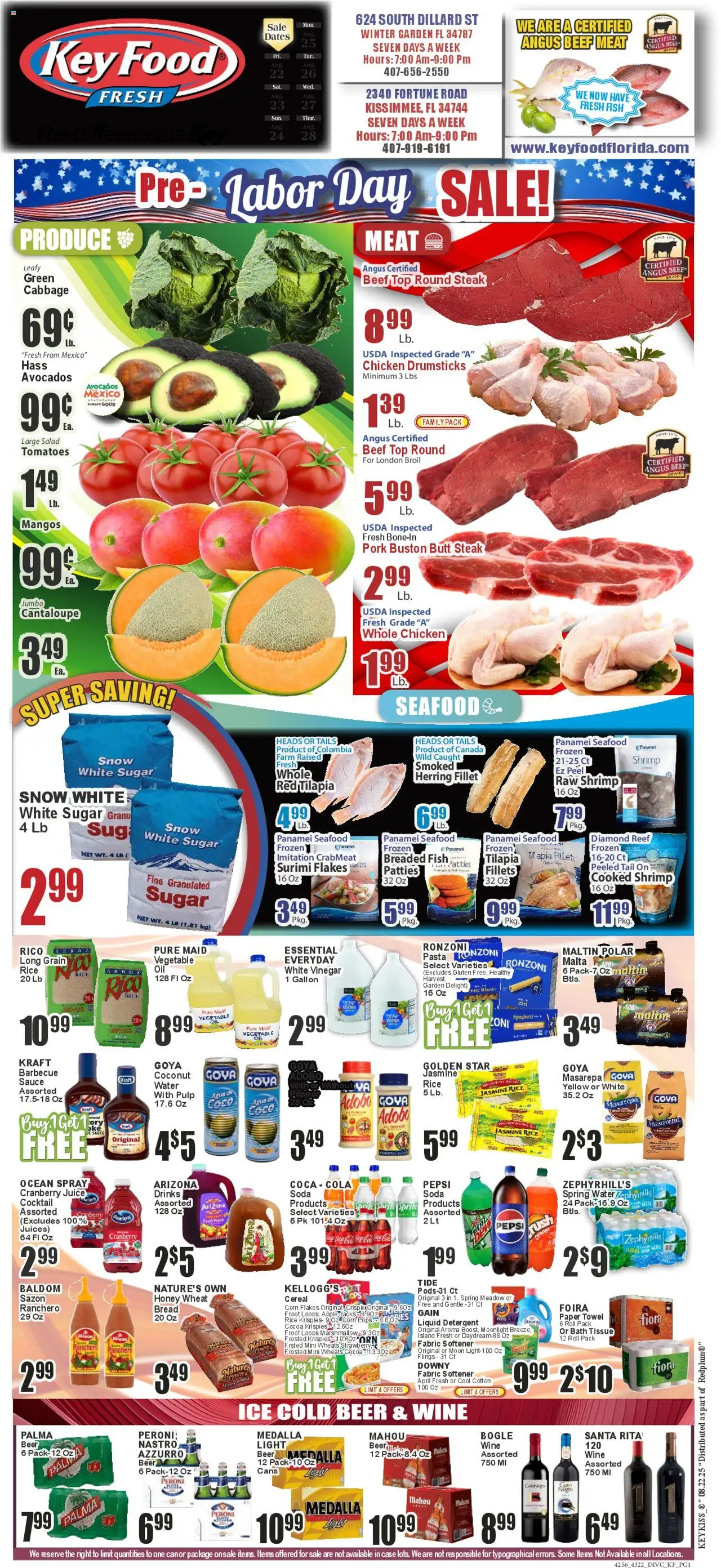 Key Food Weekly Circular (08/22/2025) >> Weekly Ad - Page number 1 - Wine, Shrimp, Cereal, Cabbage, Jasmine rice, Case, Detergent, Chicken drumsticks