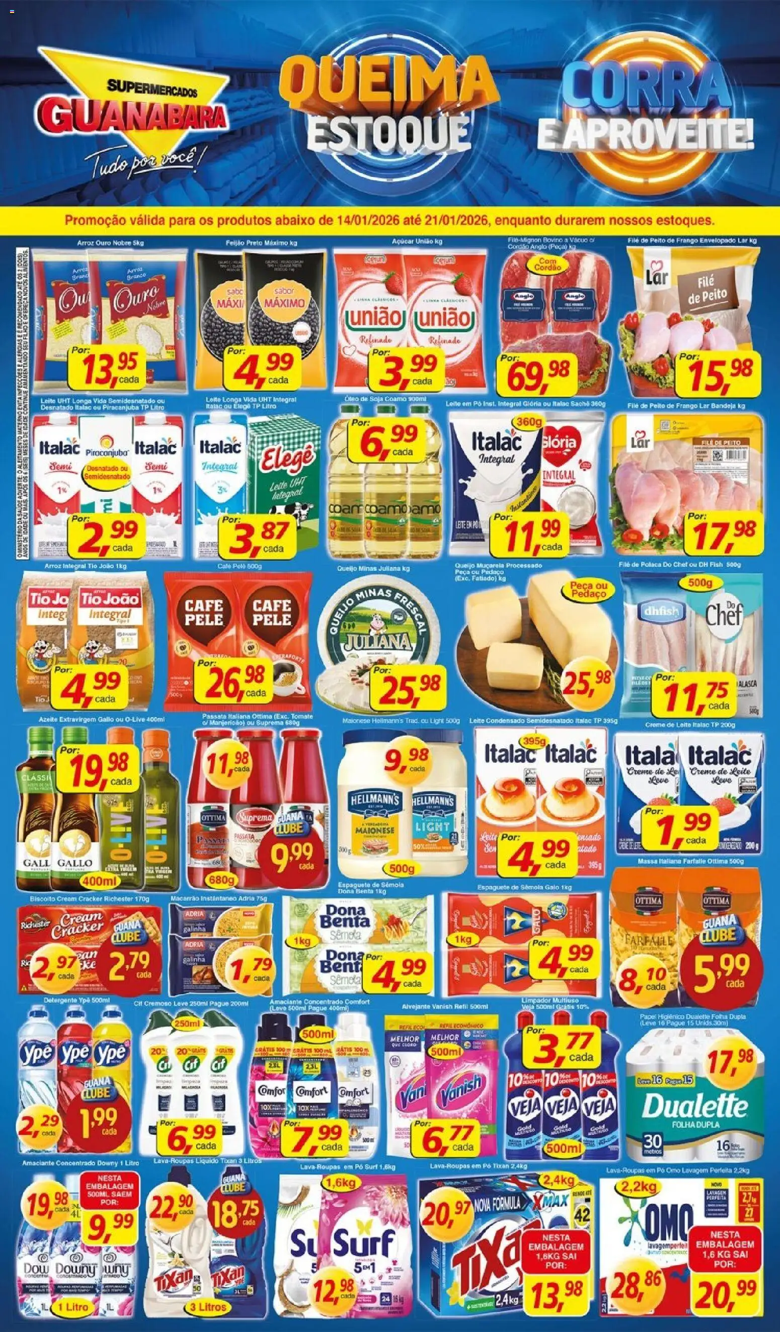 Pré-Visualização do folheto "Encarte" da loja Supermercados Guanabara válido a partir de 14/01/2026 - Tomate, Creme de leite, Maionese, Amaciante, Pó, Cloro, Cream cracker, Macarrão instantâneo