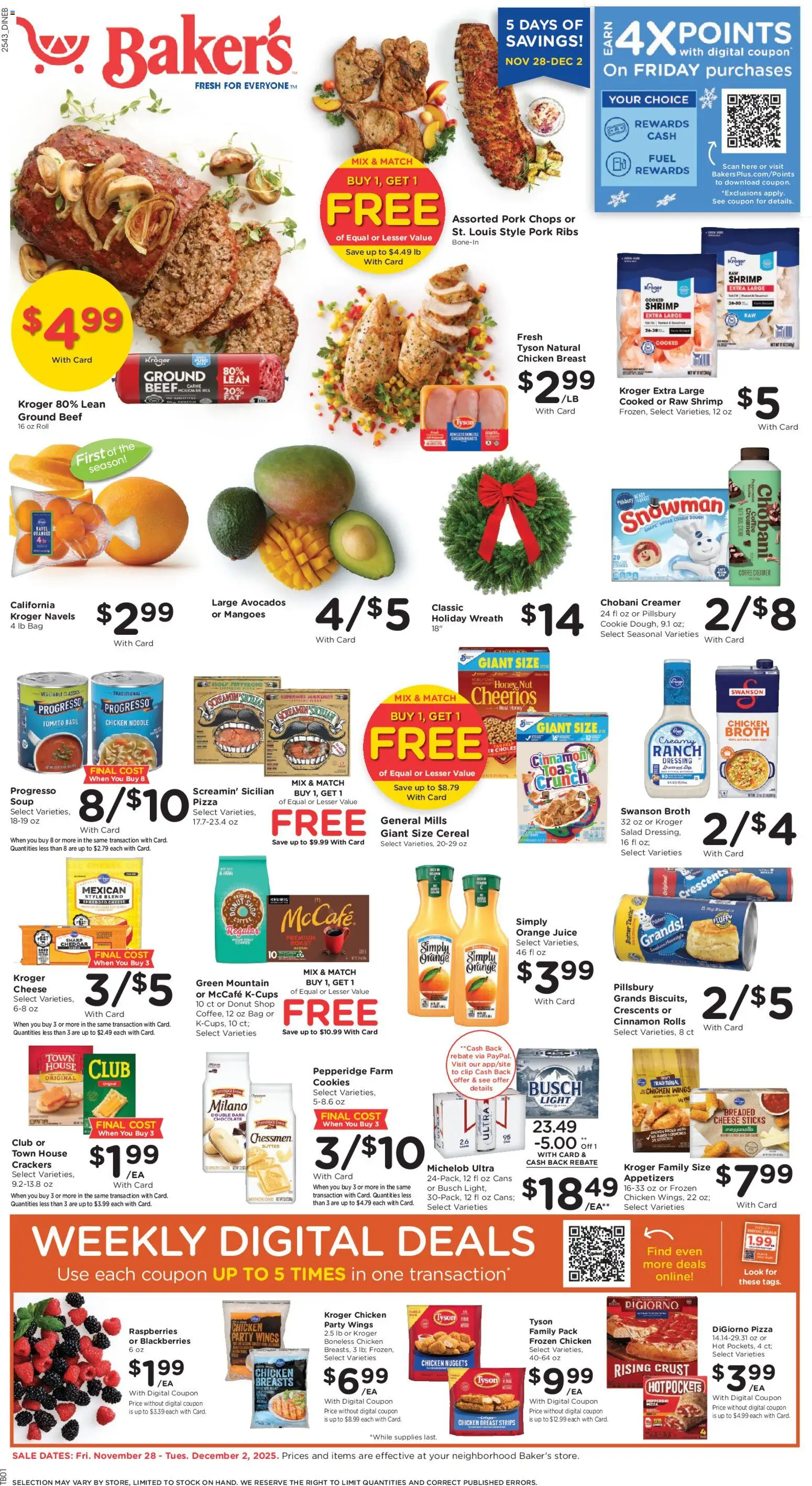Ad Preview of Baker's Weekly Ad from 11/28/2025 - Shrimp, Juice, Butter, Crackers, Clip, Dough, Cheese sticks, Pork ribs