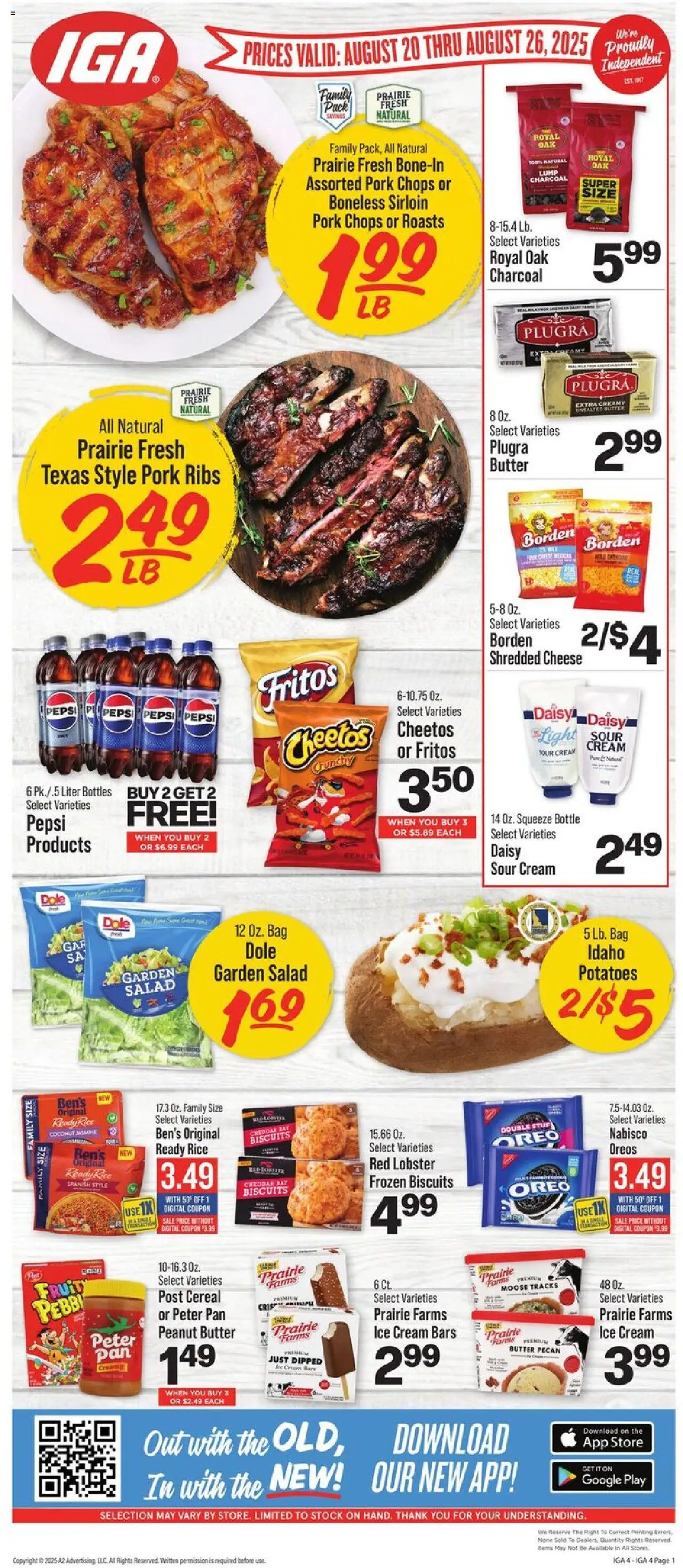 IGA Weekly Ad from 08/20/2025 - Flyer - Page number 1 - Ice, Fruit, Cheese, Rice, Charcoal, Peanut butter, Pork, Pork ribs