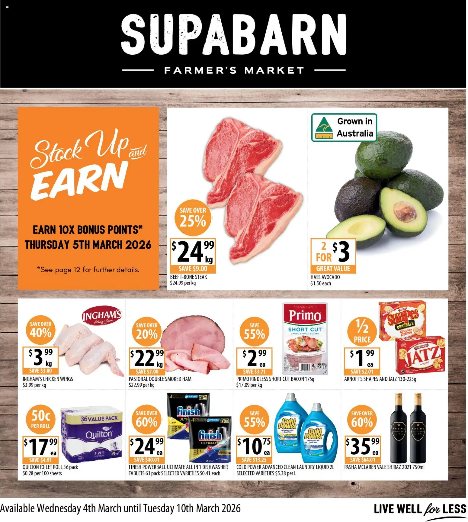 Preview of catalogue Supabarn catalogue from shop Supabarn valid 04/03/2026 - Toilet, Bacon, Chicken wings, Ham, Avocado, Wood, Steak, Laundry
