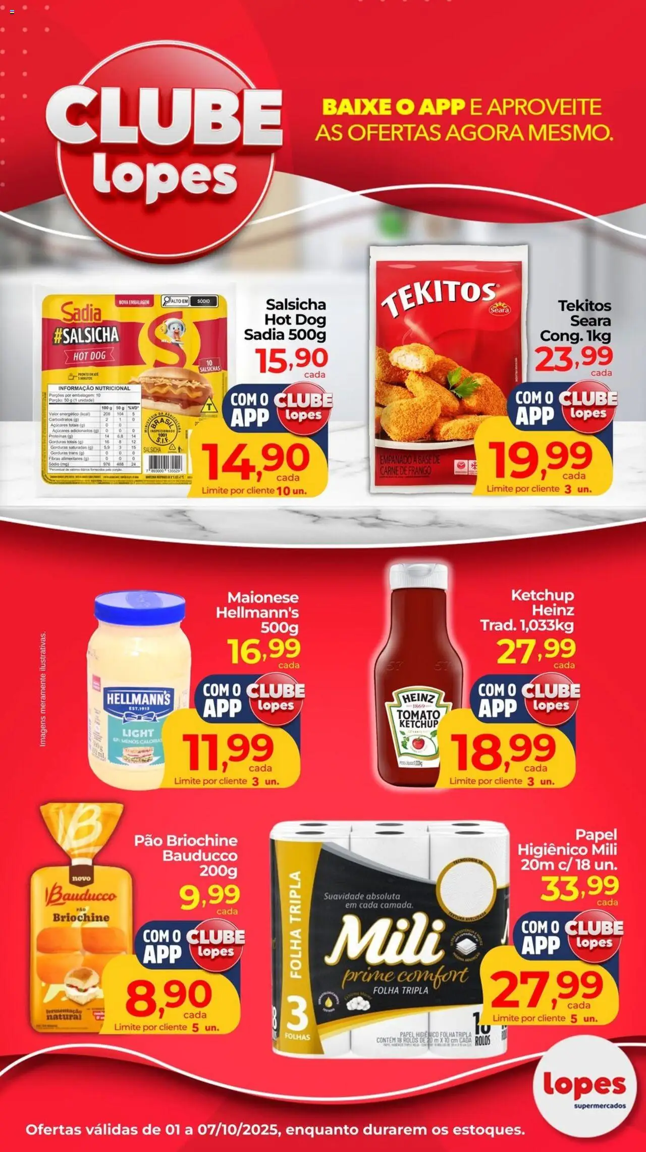Lopes Supermercados folheto "Ofertas Clube" válido a partir de 01/10/2025 - número de página 1 - Salsichas, Salsicha, Pão, Base, Carne, Frango, Ketchup, Carne de frango