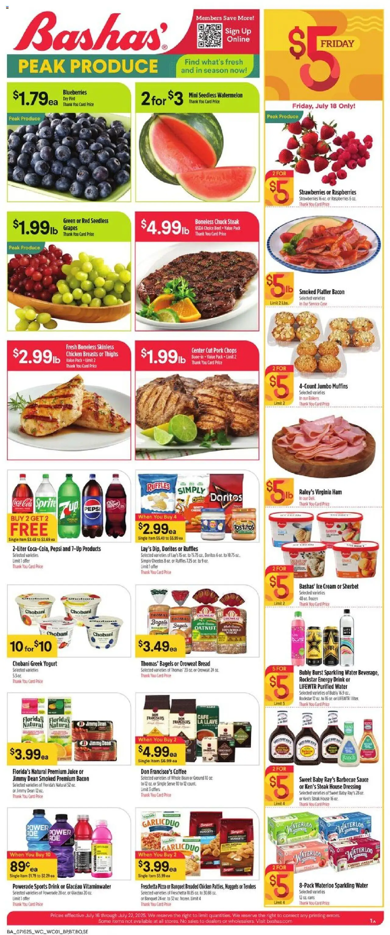 Basha's Weekly Ad from 07/16/2025 - Flyer - Page number 1 - Ham, Pork, Ice cream, Ice, Energy drink, Sports drink, Case, Muffins