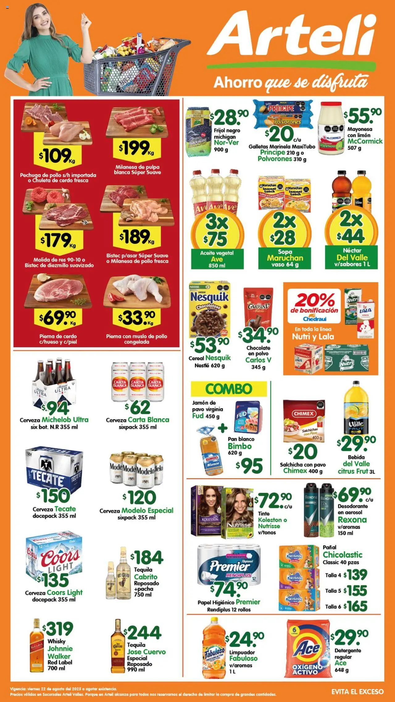 Folleto Valles Arteli y sus promociones válidas desde el 22/08/2025 - Número de página 1 - Pollo, Cerveza, Limón, Desodorante, Aceite, Pavo, Detergente, Salchichas