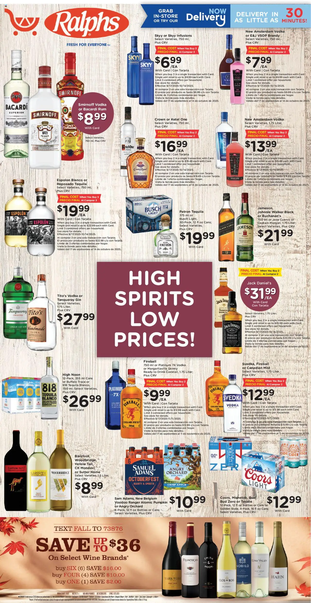 Ralphs Adult Beverage from 10/08/2025 - Flyer - Page number 1 - Tequila, Wine, Brandy, Hook, Bacardi, Gin, Jack Daniel's, Jameson