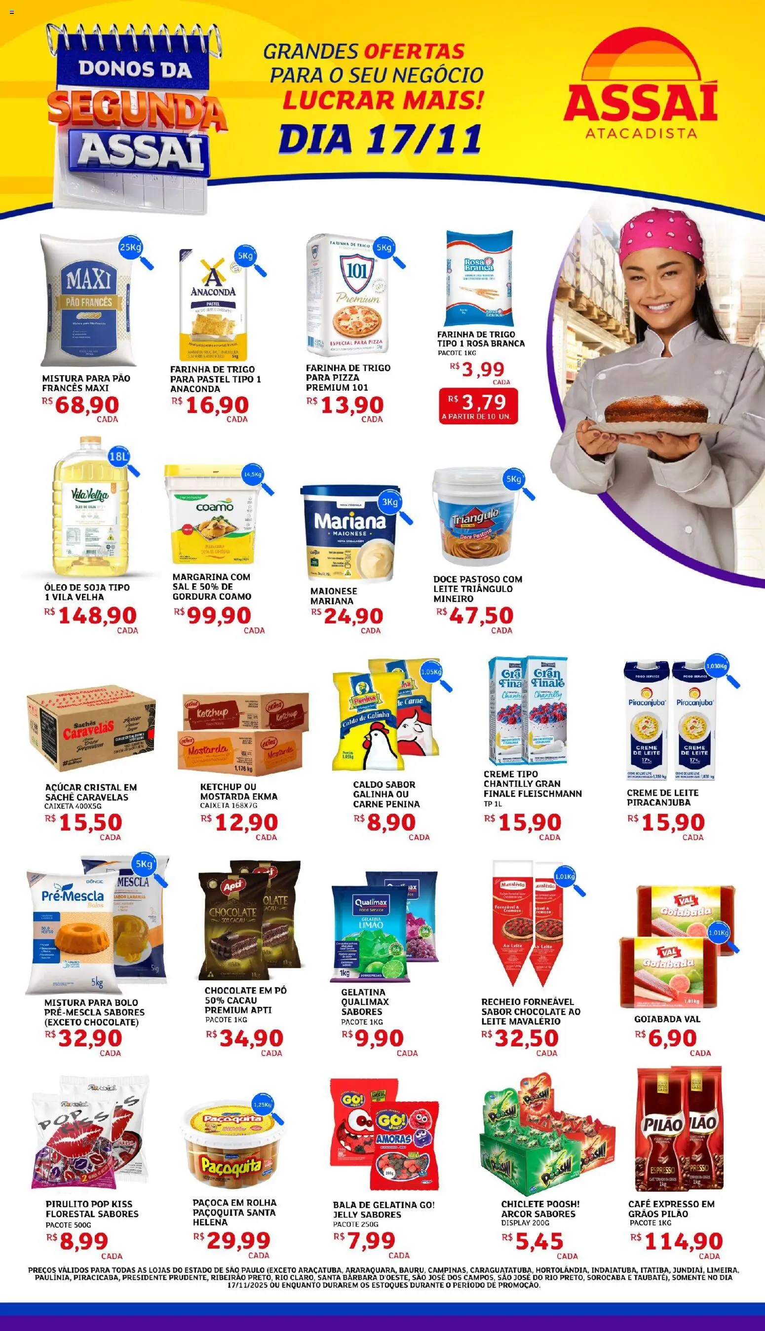 Pré-Visualização do folheto "Encarte - SP" da loja Assaí Atacadista válido a partir de 17/11/2025 - Bolo, Chantilly, Ketchup, Açúcar, Creme de leite, Creme, Bala, Farinha