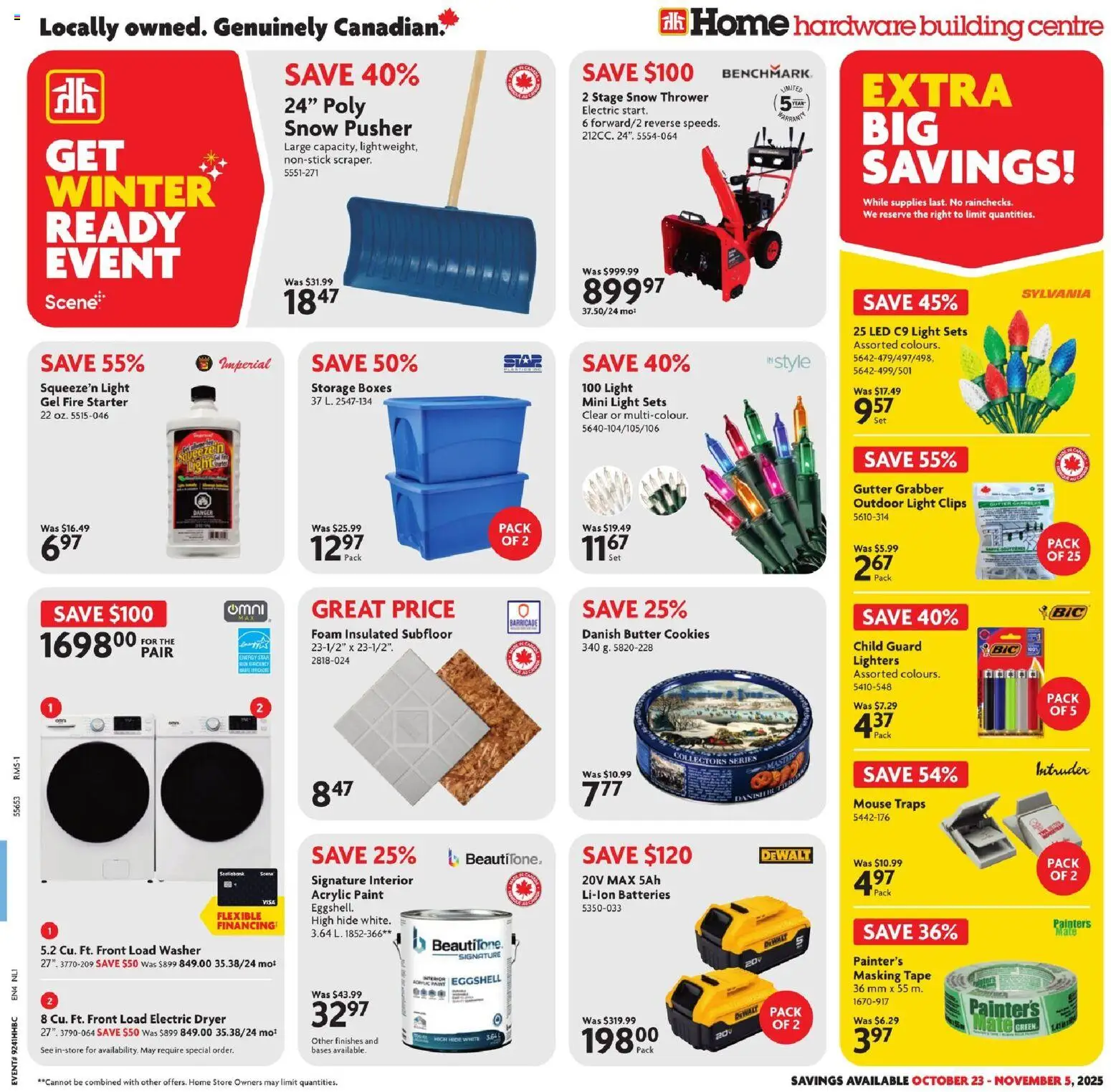 Preview of leaflet Weekly flyer / circulaire from shop Home Hardware is valid from Oct 23, 2025 - Cookies, Mouse, Batteries, Butter, Dryer, Foam
