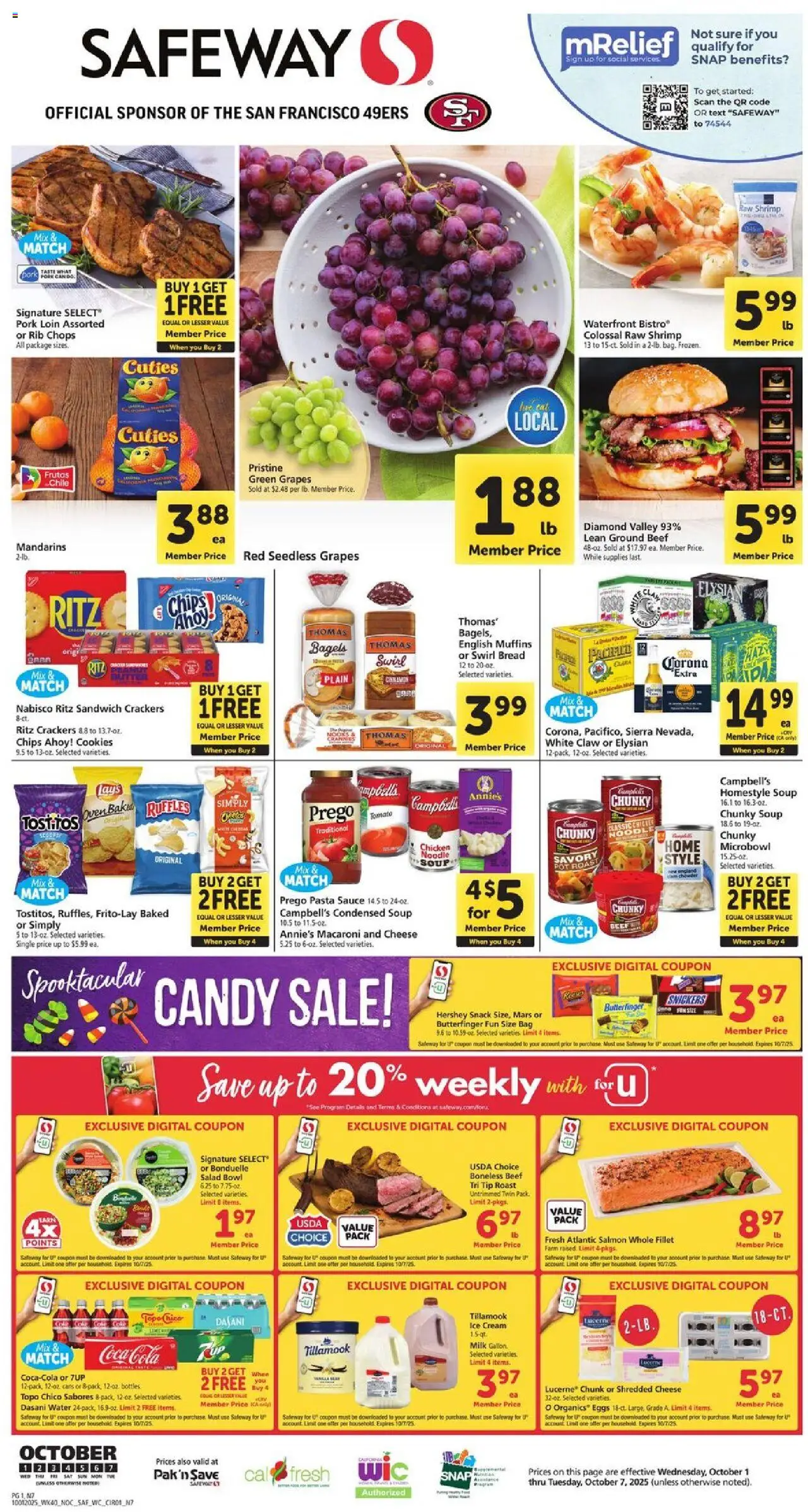 Ad Preview of Safeway Weekly Ad from 10/01/2025 - Ice cream, Water, Bread, Bra, Beef, Mandarins, Crackers, Snickers