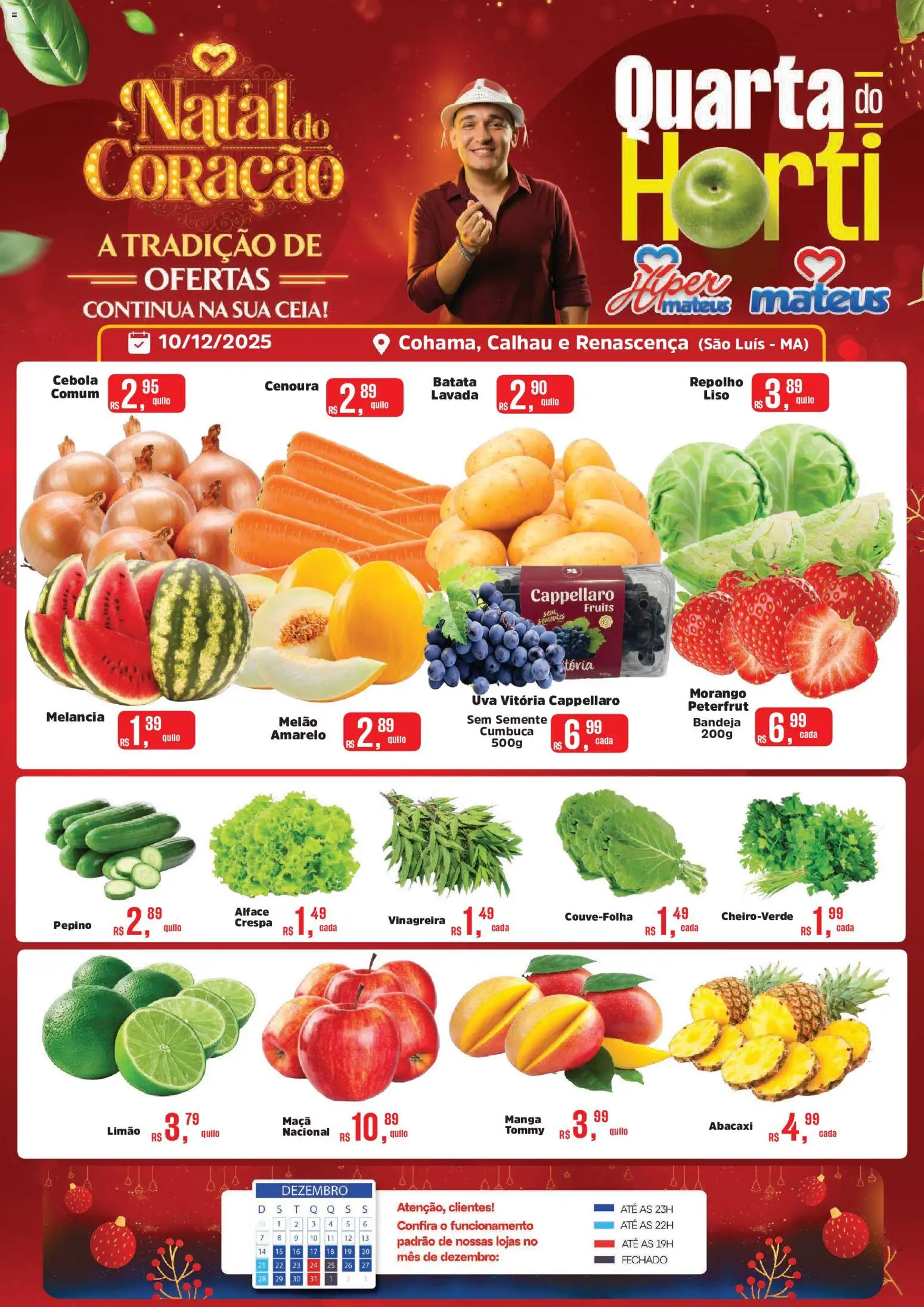 Pré-Visualização do folheto "Ofertas Quarta do Horti" da loja Mateus válido a partir de 10/12/2025 - Manga, Melancia, Batata, Cenoura, Cebola, Repolho, Bandeja, Melão