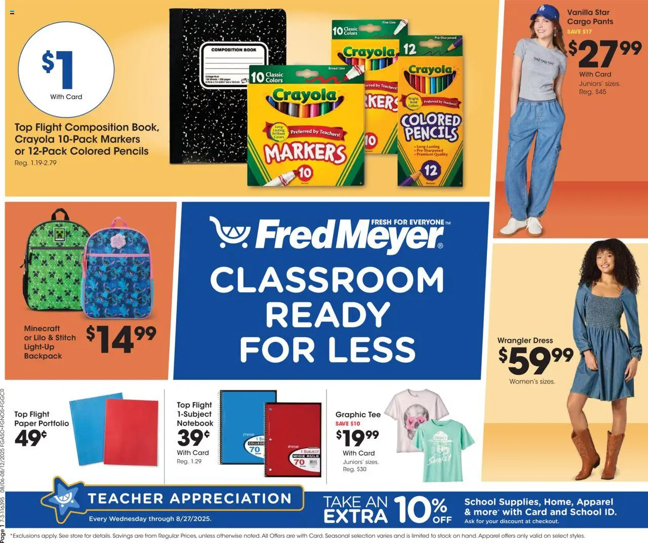 Fred Meyer Home & Apparel from 08/06/2025 - Flyer - Page number 1 - Backpack, Dress, Notebook, Pants, Vanilla