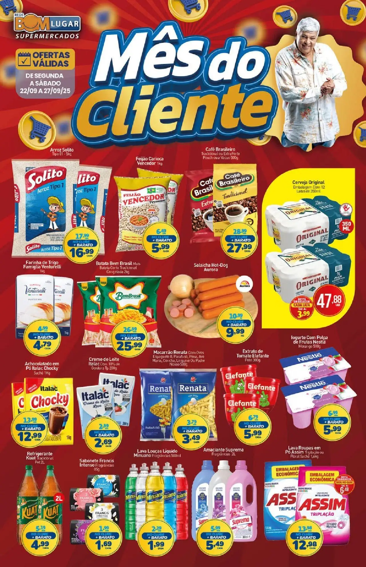 Rede Bom Lugar folheto "Ofertas da semana" válido a partir de 22/09/2025 - número de página 1 - Café, Cerveja, Salsicha, Feijão, Leite, Tomate, Amaciante, Farinha
