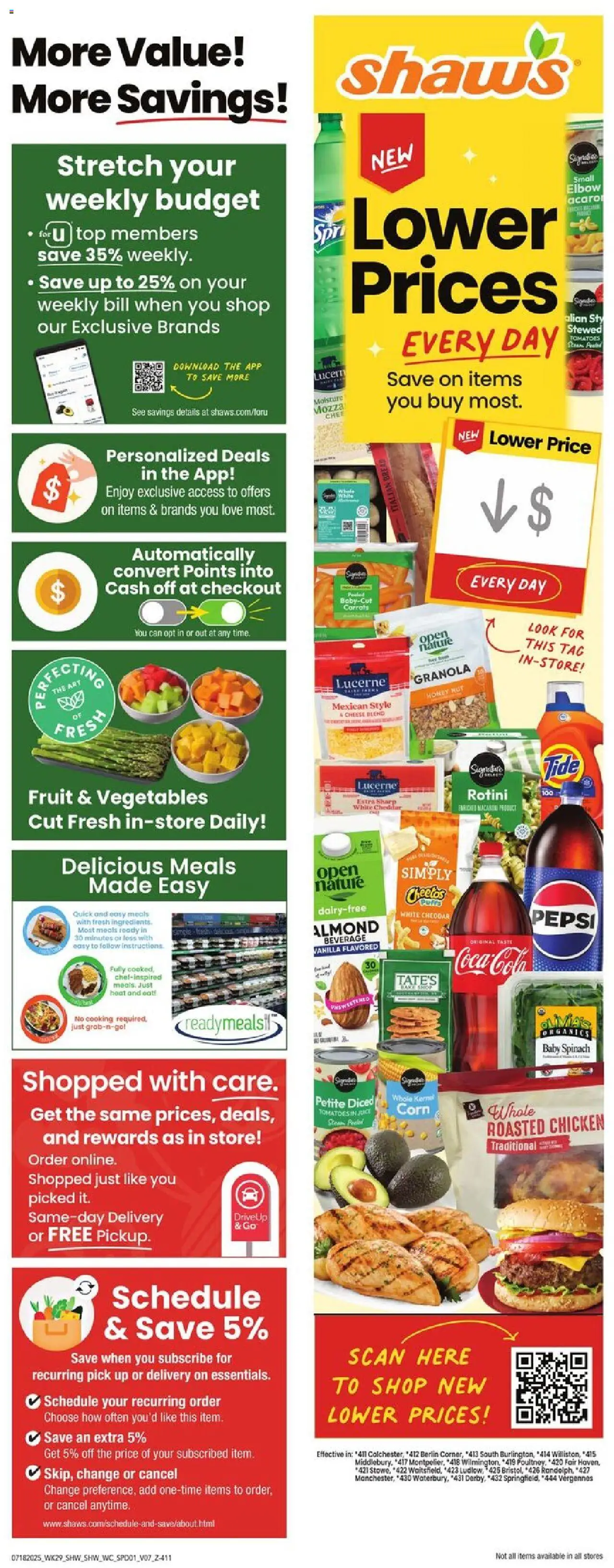 Shaw's Weekly Ad - VT from 07/18/2025 - Flyer - Page number 1 - Chicken, Honey, Tomatoes, Fruit, Baby spinach, Pepsi, Carrots, Vanilla