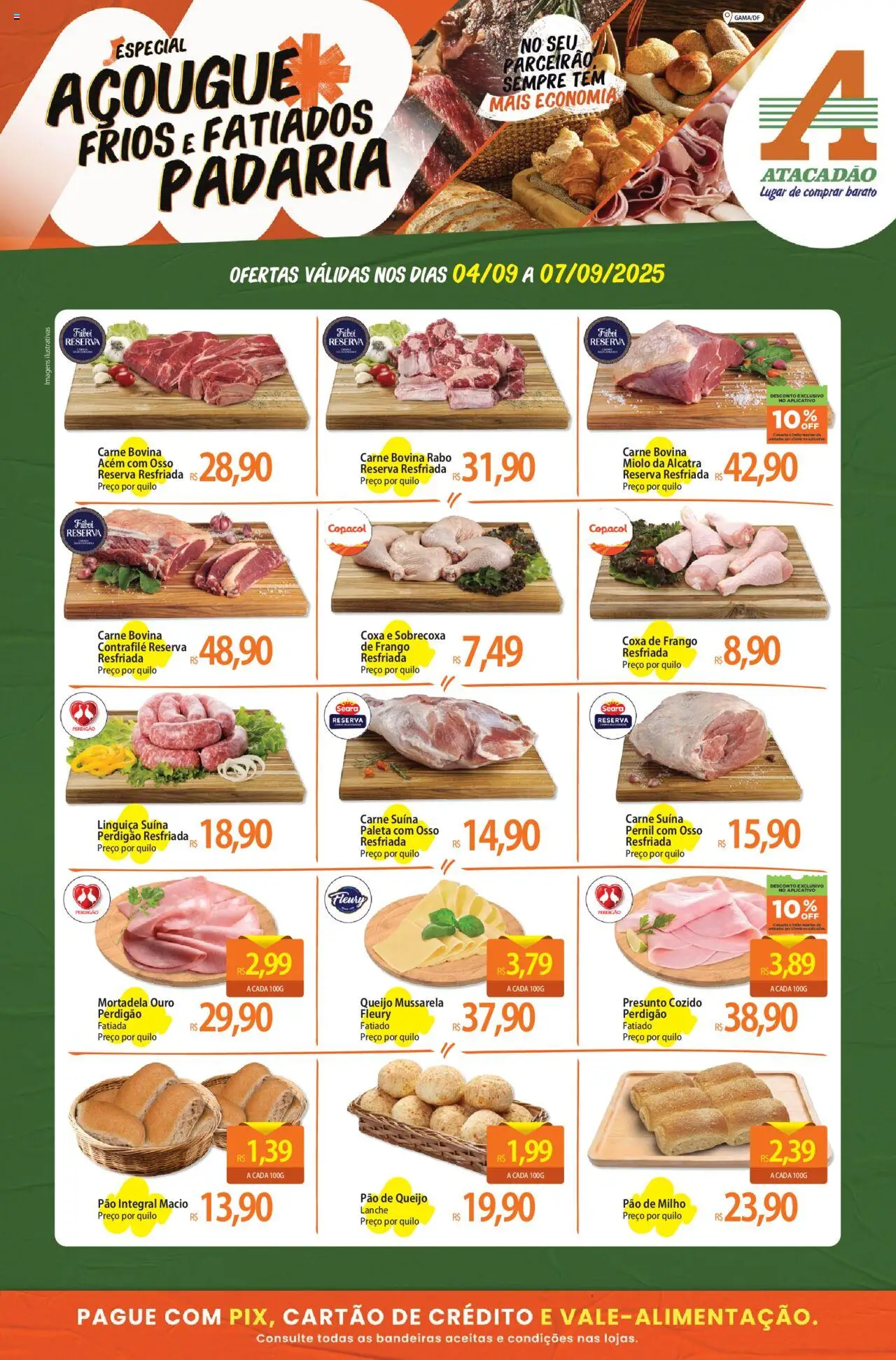 Atacadão folheto "Ofertas - DF" válido a partir de 04/09/2025 - número de página 1 - Carne, Mussarela, Milho, Linguiça, Alcatra, Pernil, Carne bovina, Coxa de frango