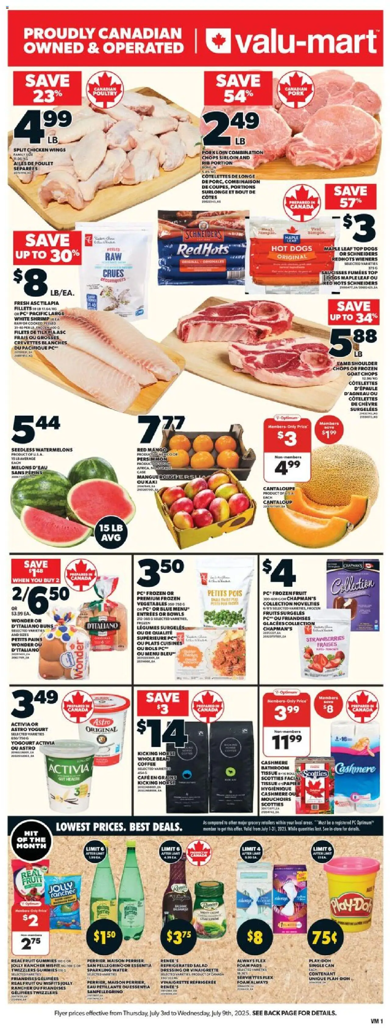 Valu Mart flyer valid from Jul 03, 2025 - page number 1 - Eau, Fraises, Poulet, Yogourt, Ailes de poulet, Serviettes, Thé, Plats