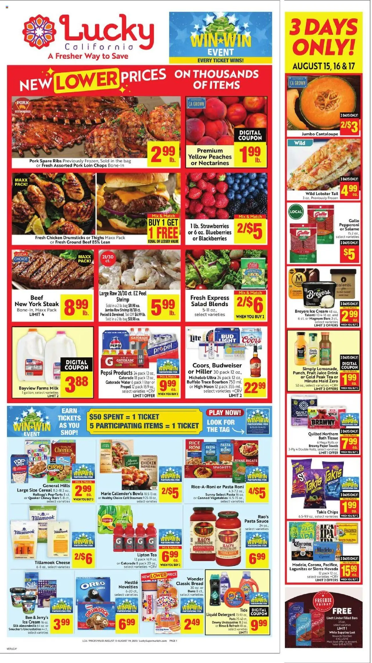 Lucky Supermarkets Weekly Ad from 08/13/2025 - Flyer - Page number 1 - Water, Steak, Spaghetti, Corn, Bag, Bath, Drumsticks, Chicken drumsticks