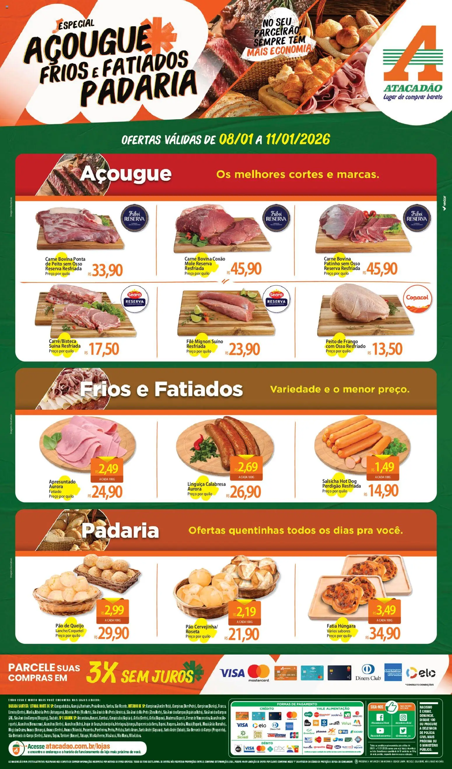 Pré-Visualização do folheto "Ofertas - SP" da loja Atacadão válido a partir de 08/01/2026 - Pão de queijo, Salsicha, Pão, Queijo, Carne, Frango, Peito de frango, Baixo