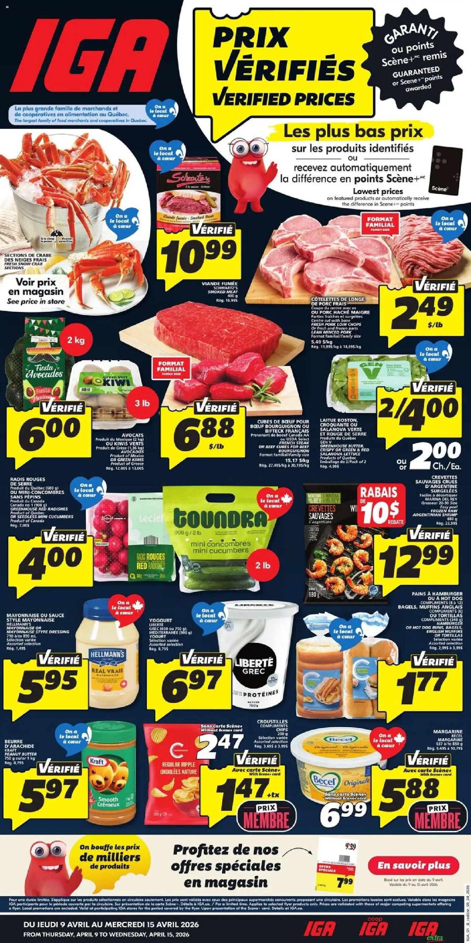 Preview of leaflet IGA circulaire - Quebec from shop IGA is valid from Apr 09, 2026 - Steak, Hamburger, Meat, Chips, Peanut butter, Pork, Radishes, Beef cubes