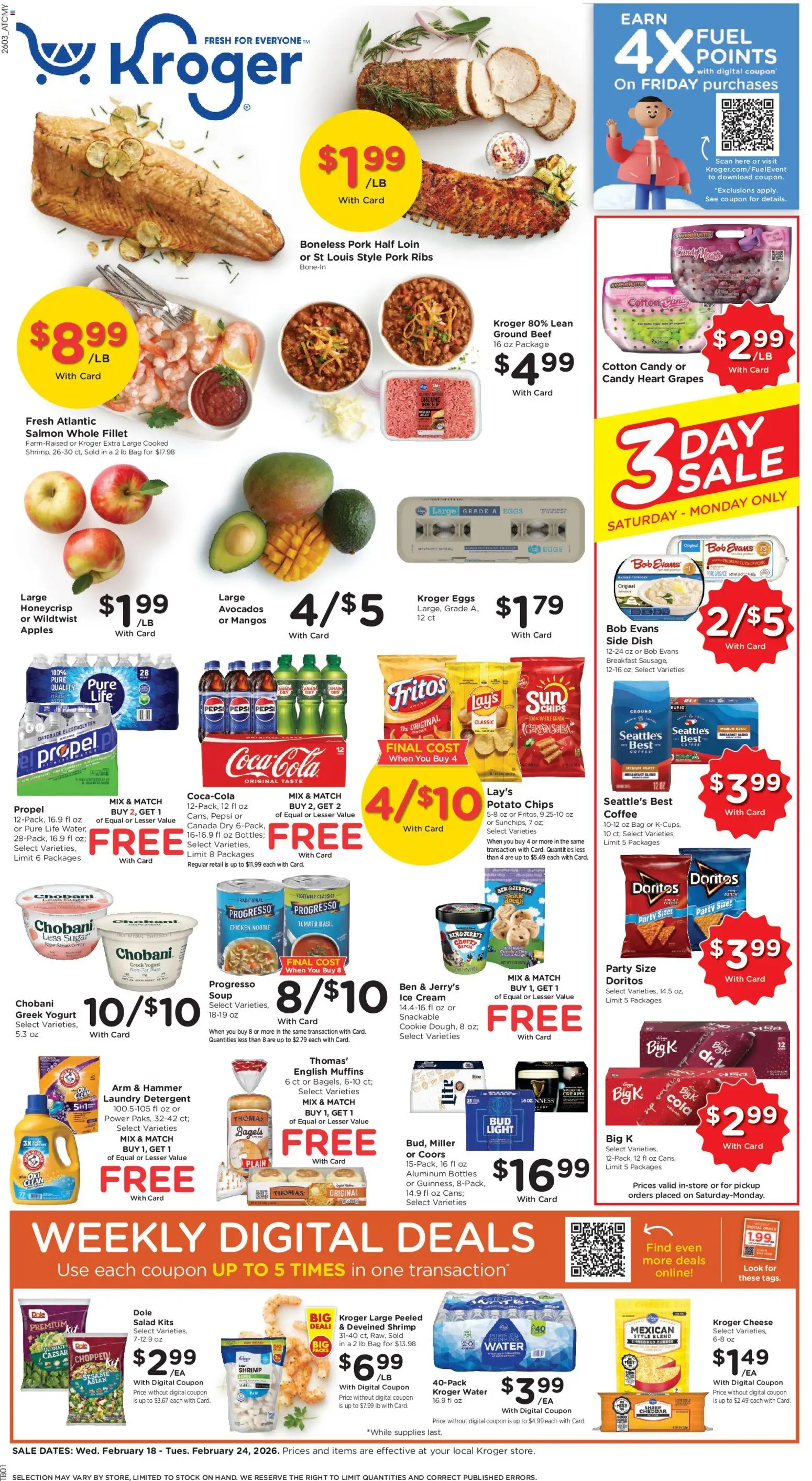 Ad Preview of Kroger Weekly Ad from 02/18/2026 - Coffee, Ice cream, Yogurt, Sugar, Grapes, Beef, Bag, Pork
