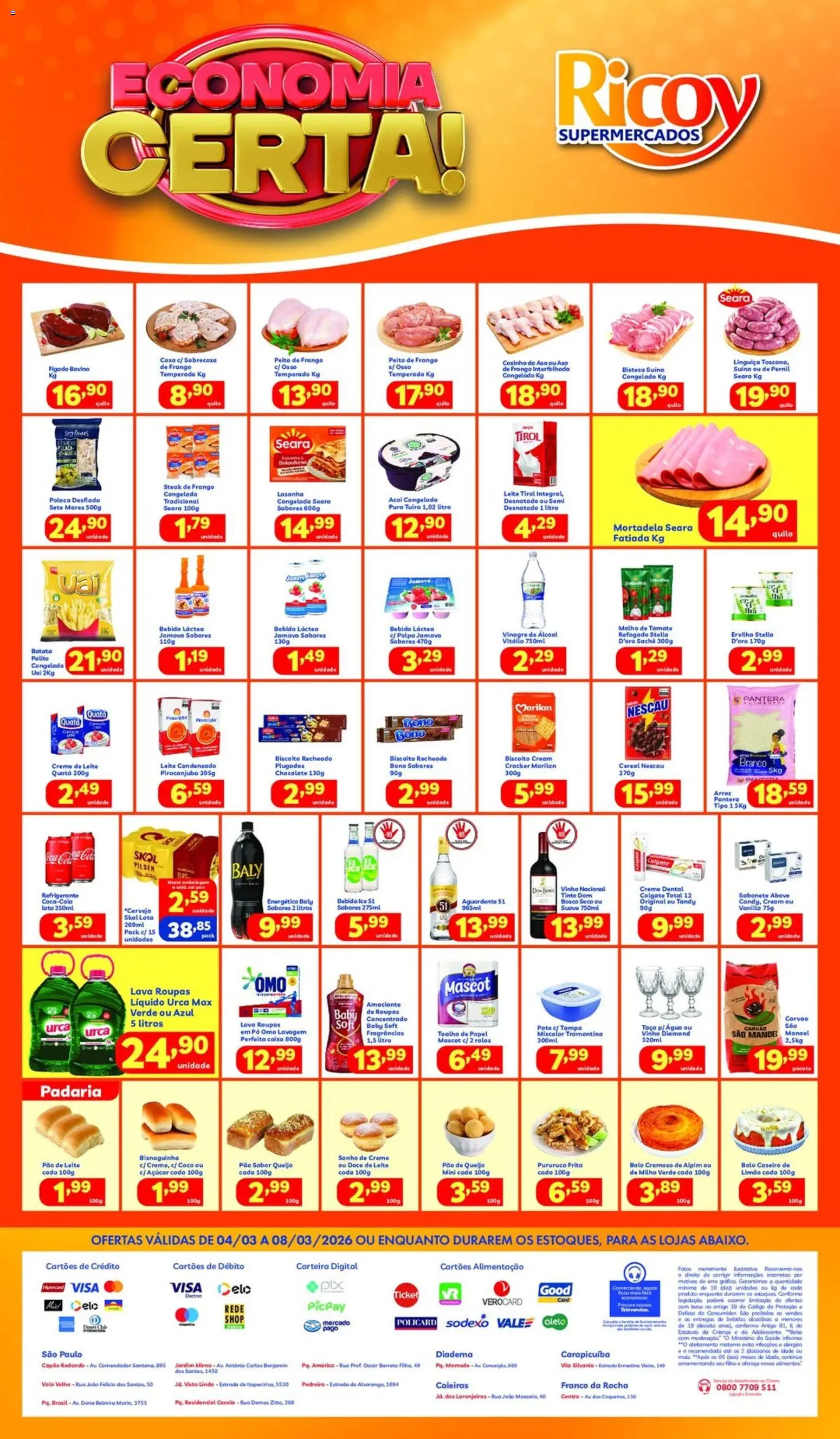 Pré-Visualização do folheto "Ricoy ofertas Semanal" da loja Ricoy válido a partir de 04/03/2026 - Cerveja, Leite condensado, Lasanha, Arroz, Leite, Frango, Creme, Molho de tomate
